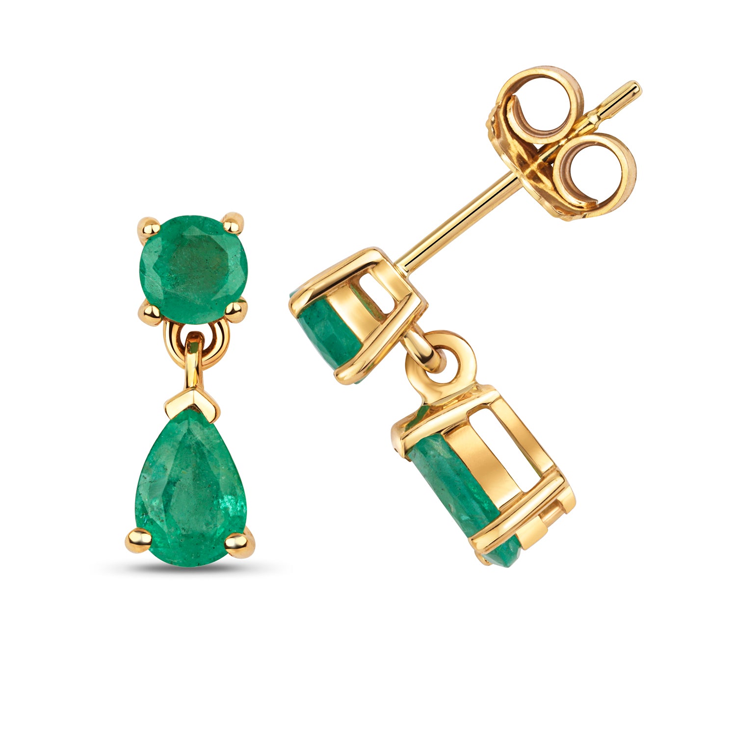 EMERALD ROUND AND PEAR SHAPE DROPS IN 9CT GOLD