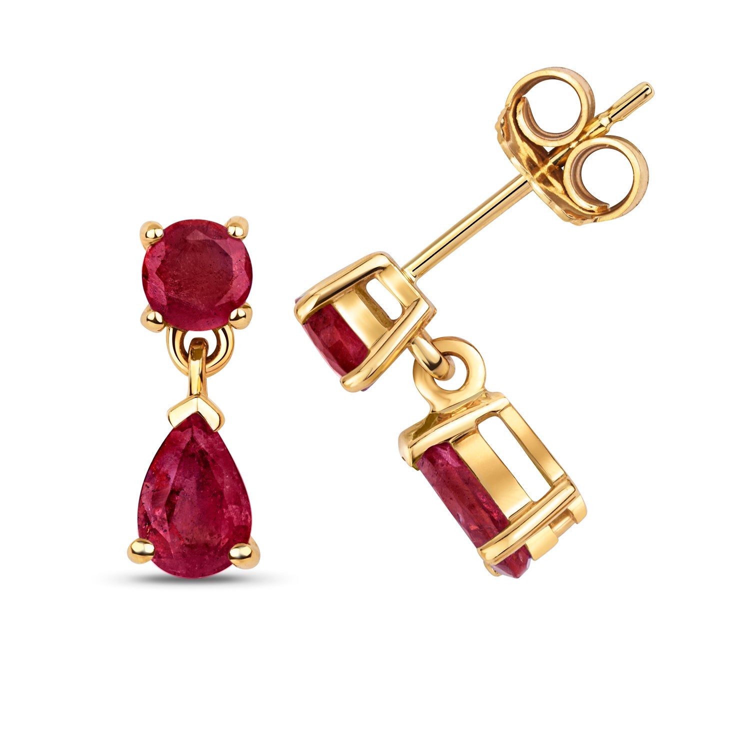 RUBY ROUND AND PEAR SHAPE DROPS IN 9CT GOLD