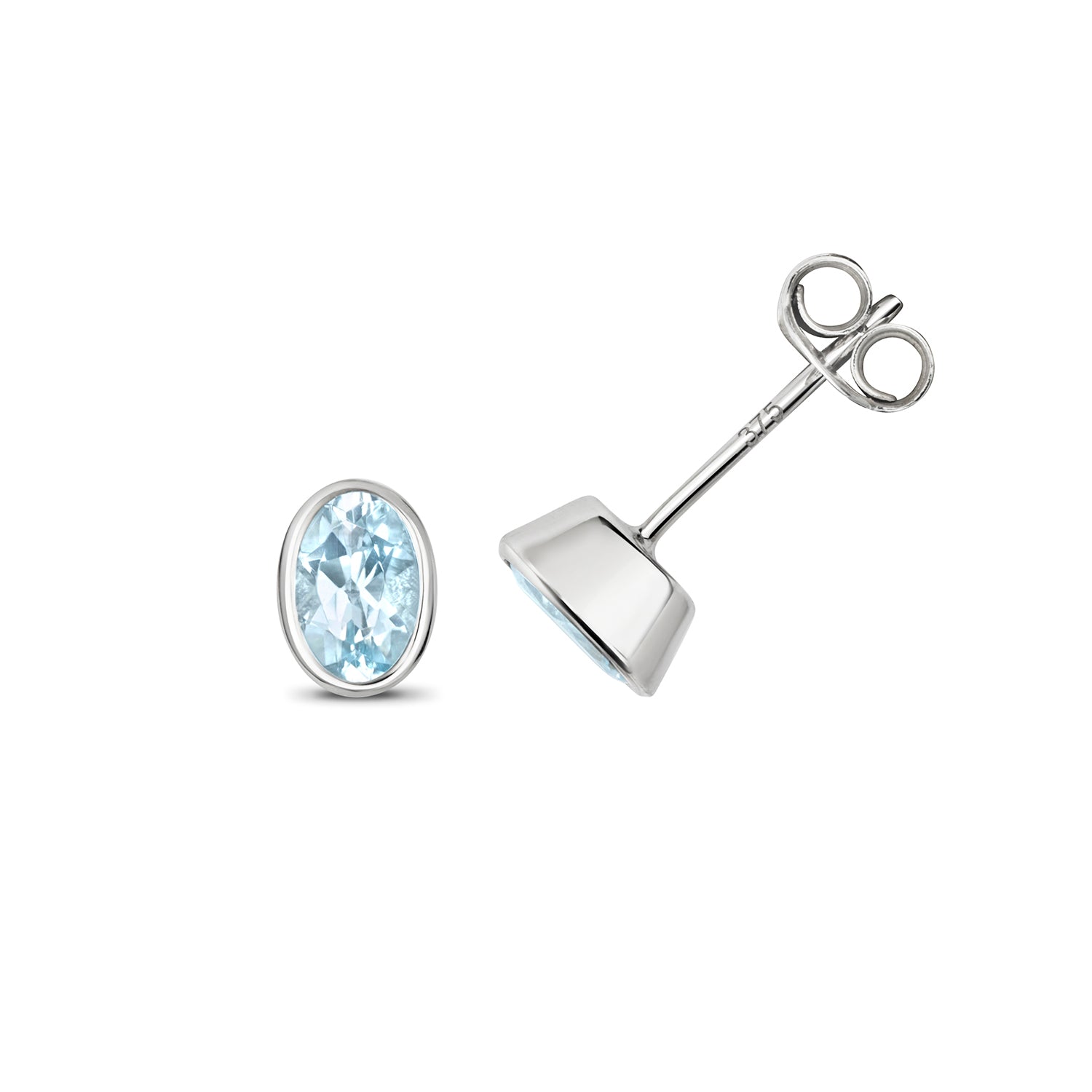 AQUAMARINE OVAL RUBOVER SET STUDS IN 9CT WHITE GOLD