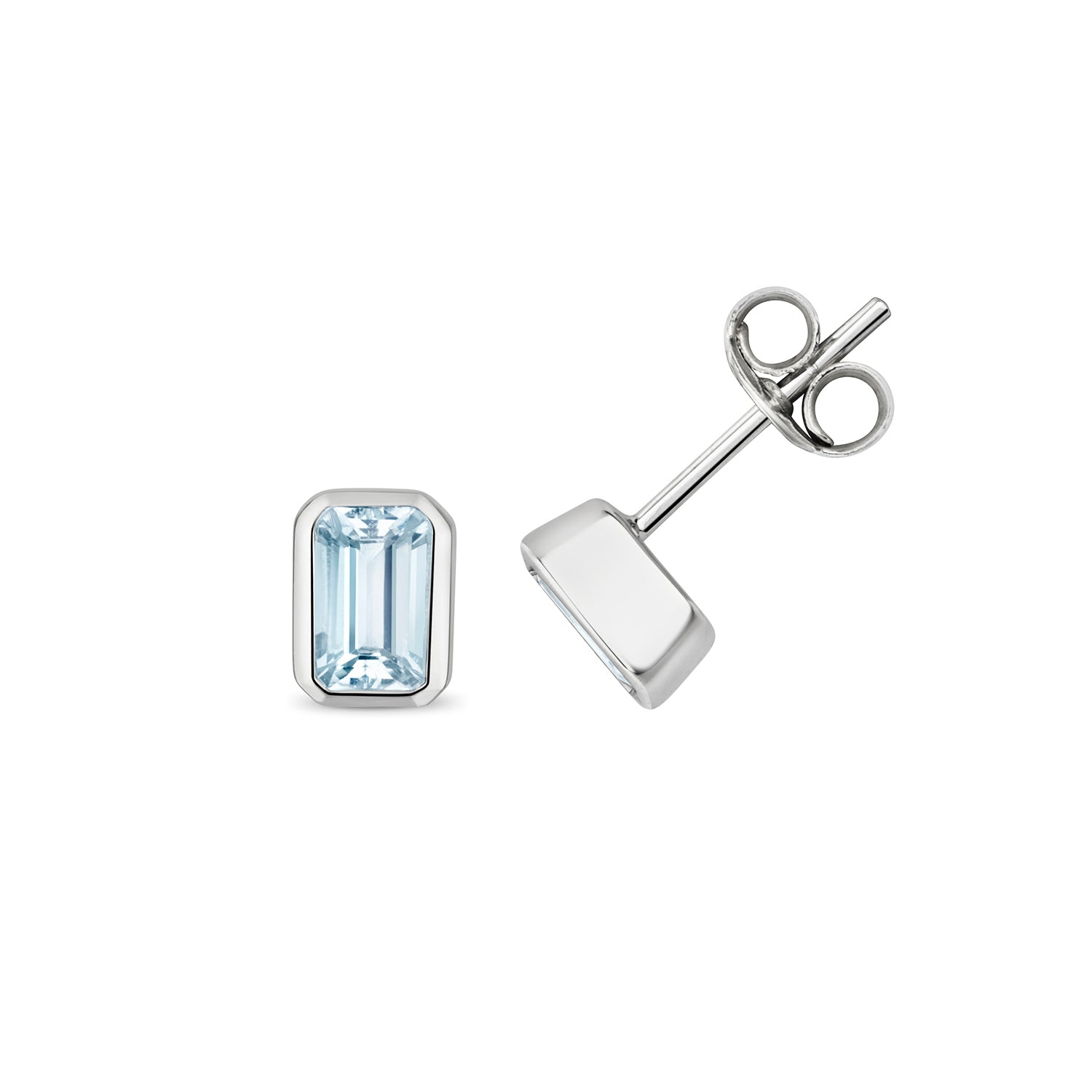 AQUAMARINE EMERALD CUT RUBOVER SET STUDS IN 9CT WHITE GOLD