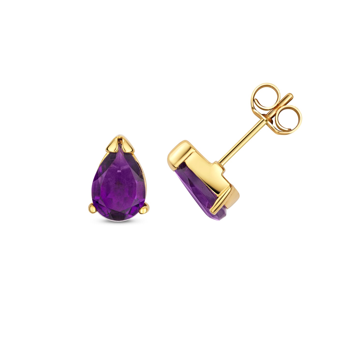 AMETHYST PEAR SHAPE CLAW SET STUDS IN 9CT GOLD