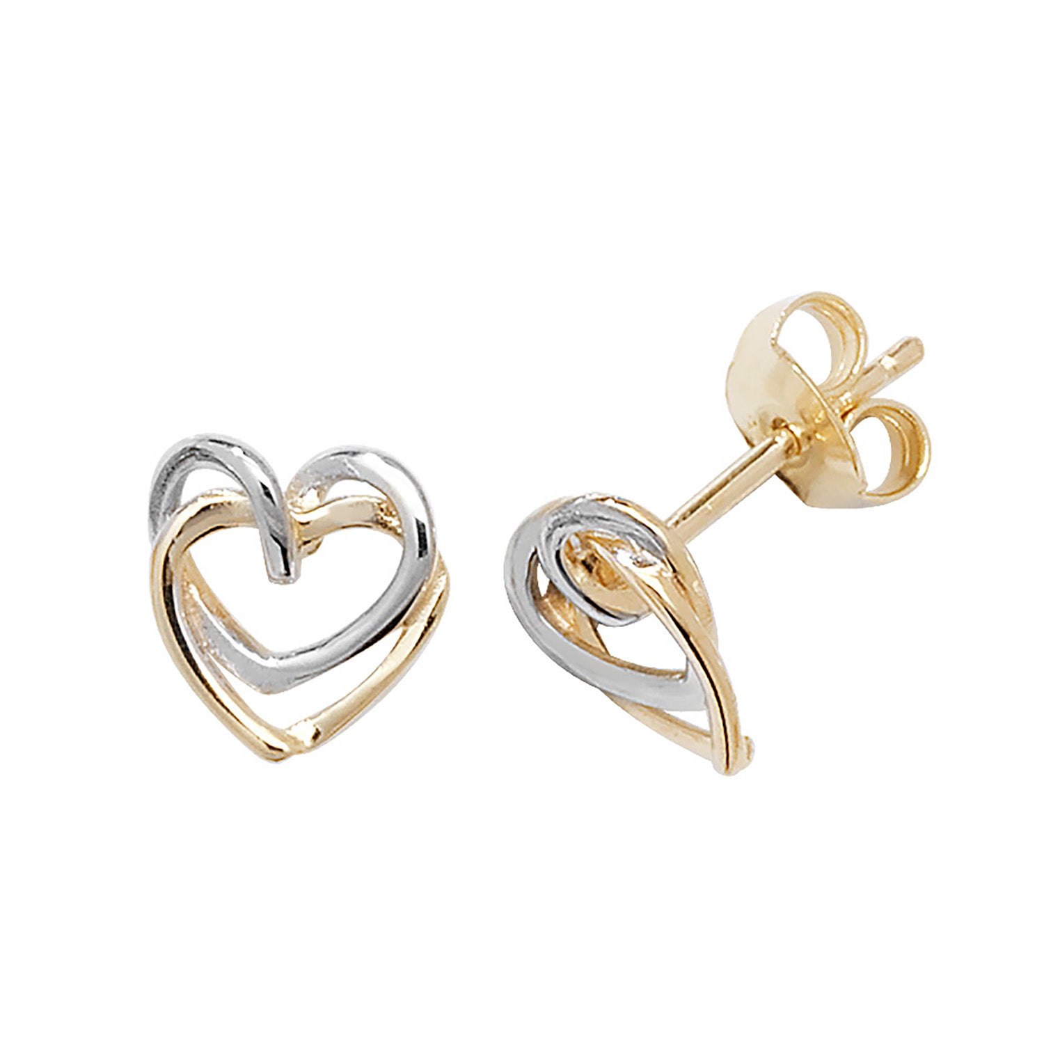 9CT YEL/WHT GOLD INTERLOCKING HEART STUD EARRINGS