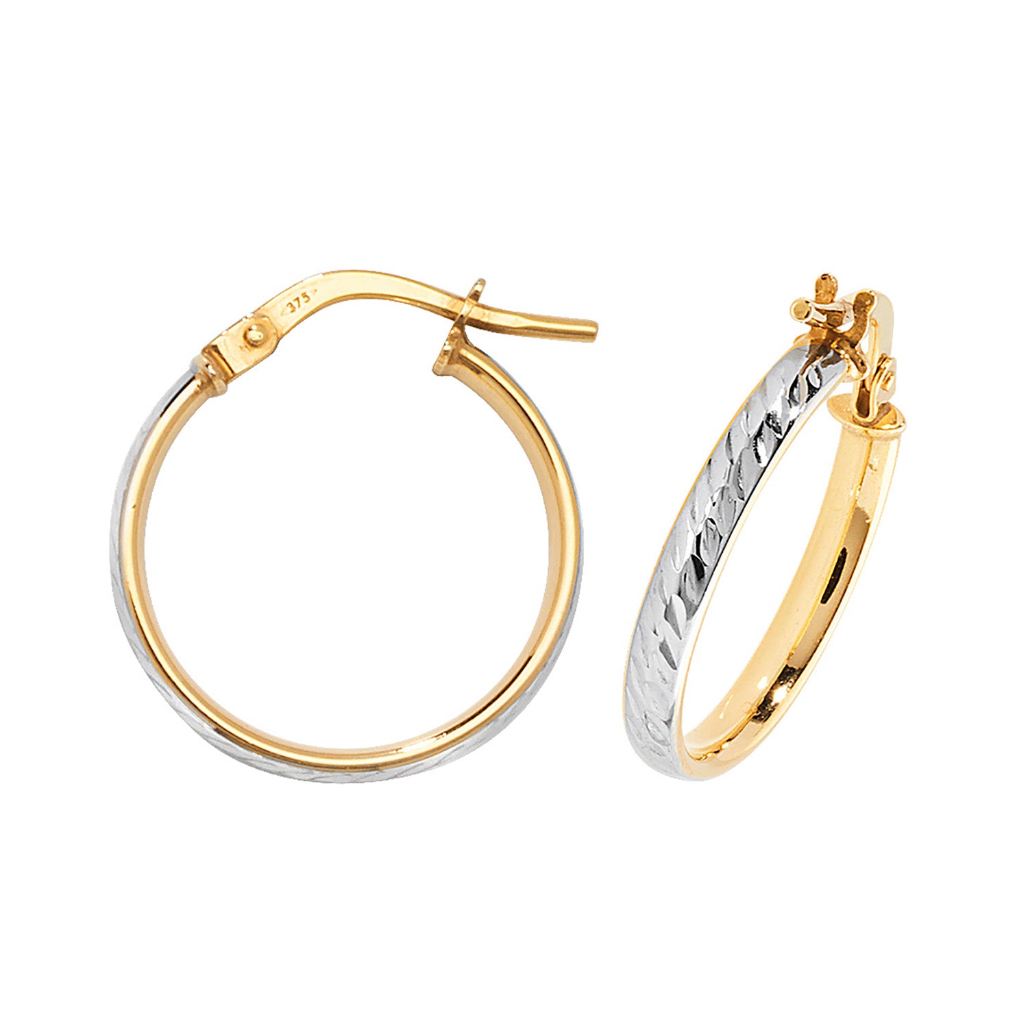 9CT YEL/WHT  GOLD 15MM DC HOOP EARRINGS