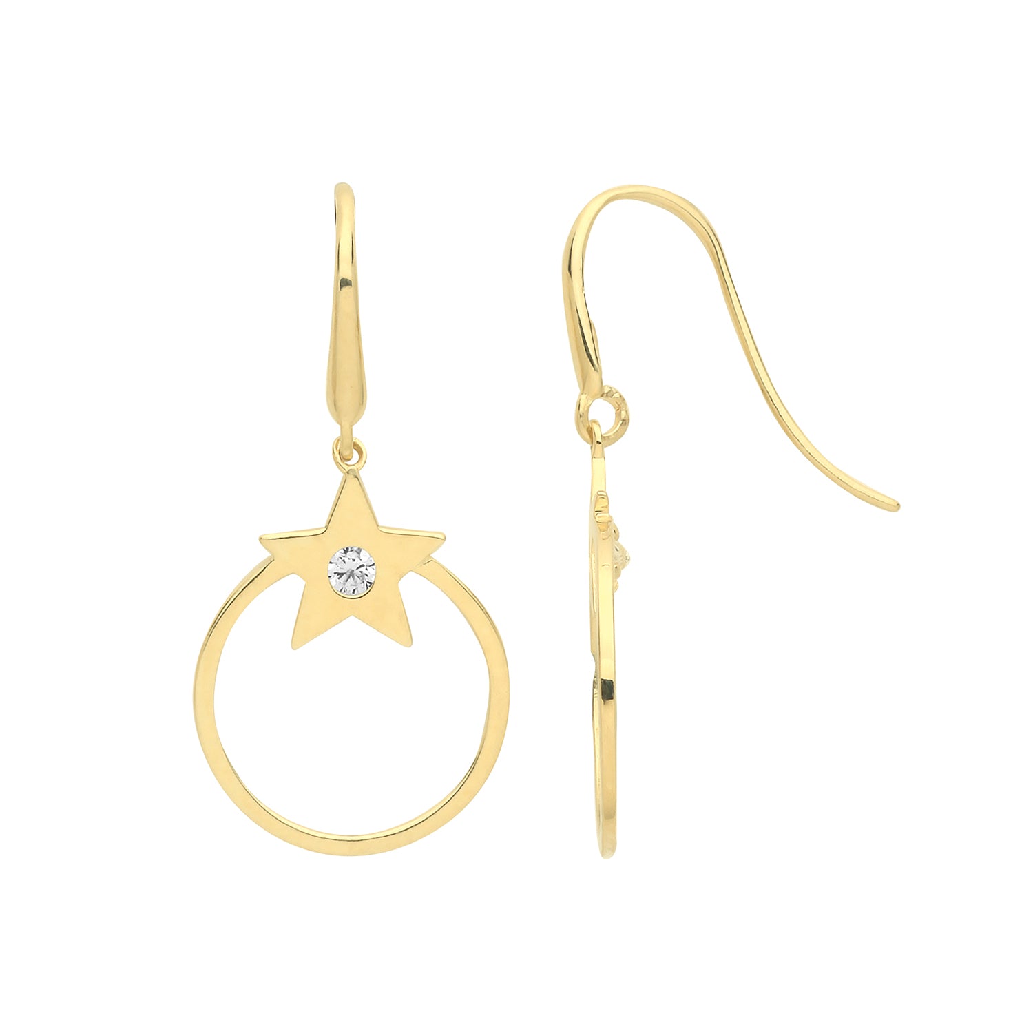 9CT YEL GOLD CZ STAR  FISH HOOK DROP EARRINGS