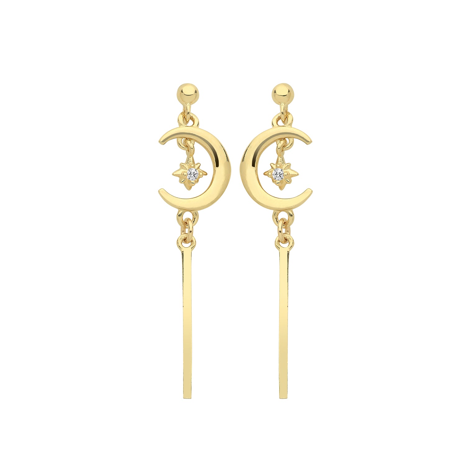 9CT YEL GOLD MOON WITH DANGLE CZ STAR  DROP EARRINGS