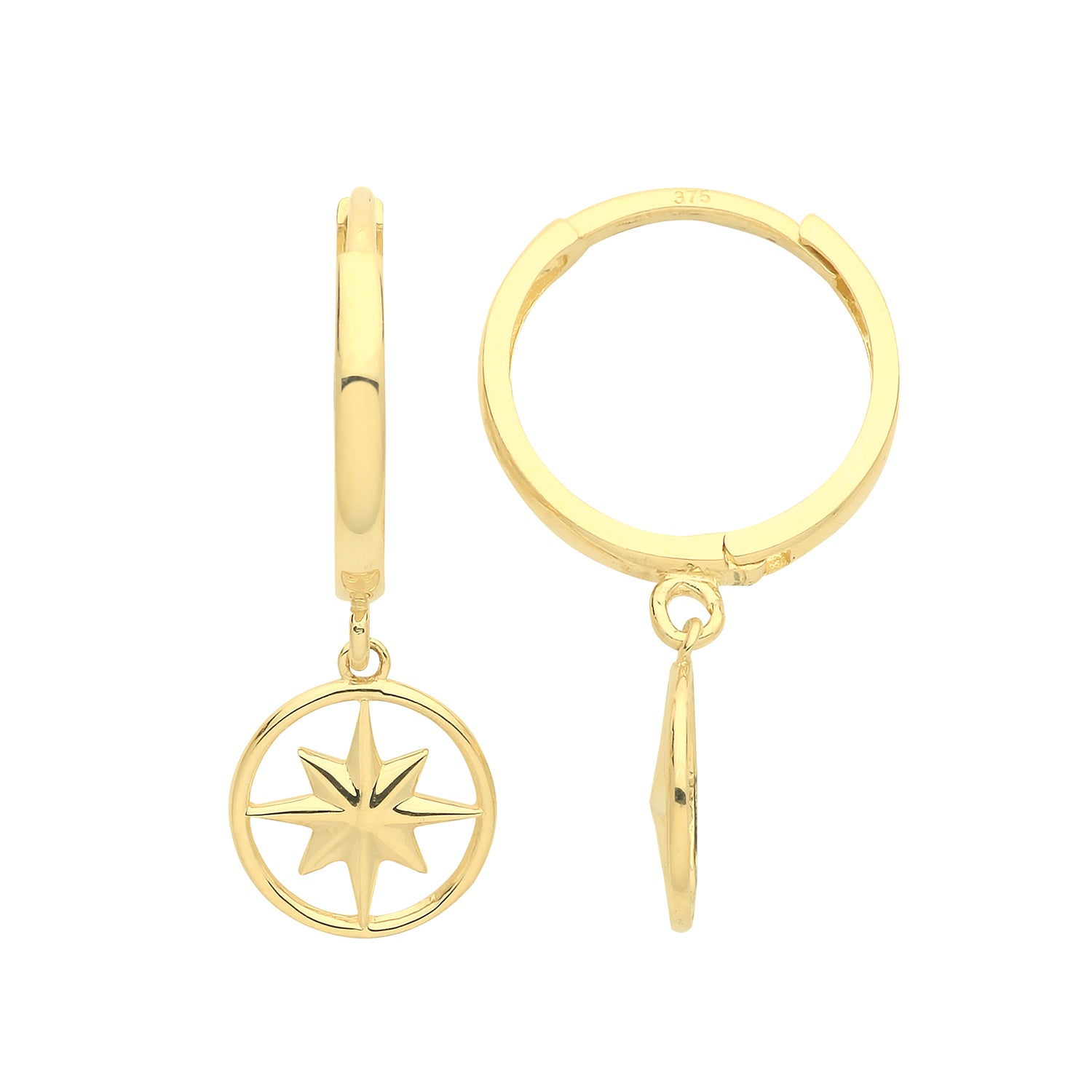 9CT YEL GOLD COMPASS CHARM DROP EARRINGS