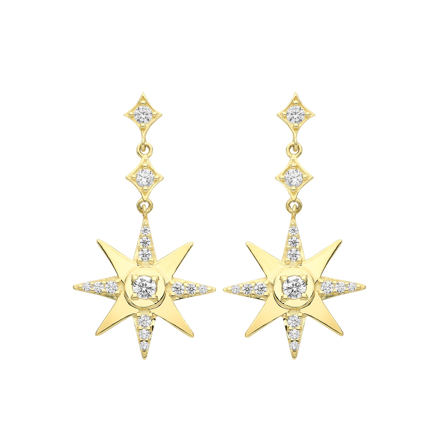 9CT YEL GOLD CZ SET STAR DROP EARRINGS