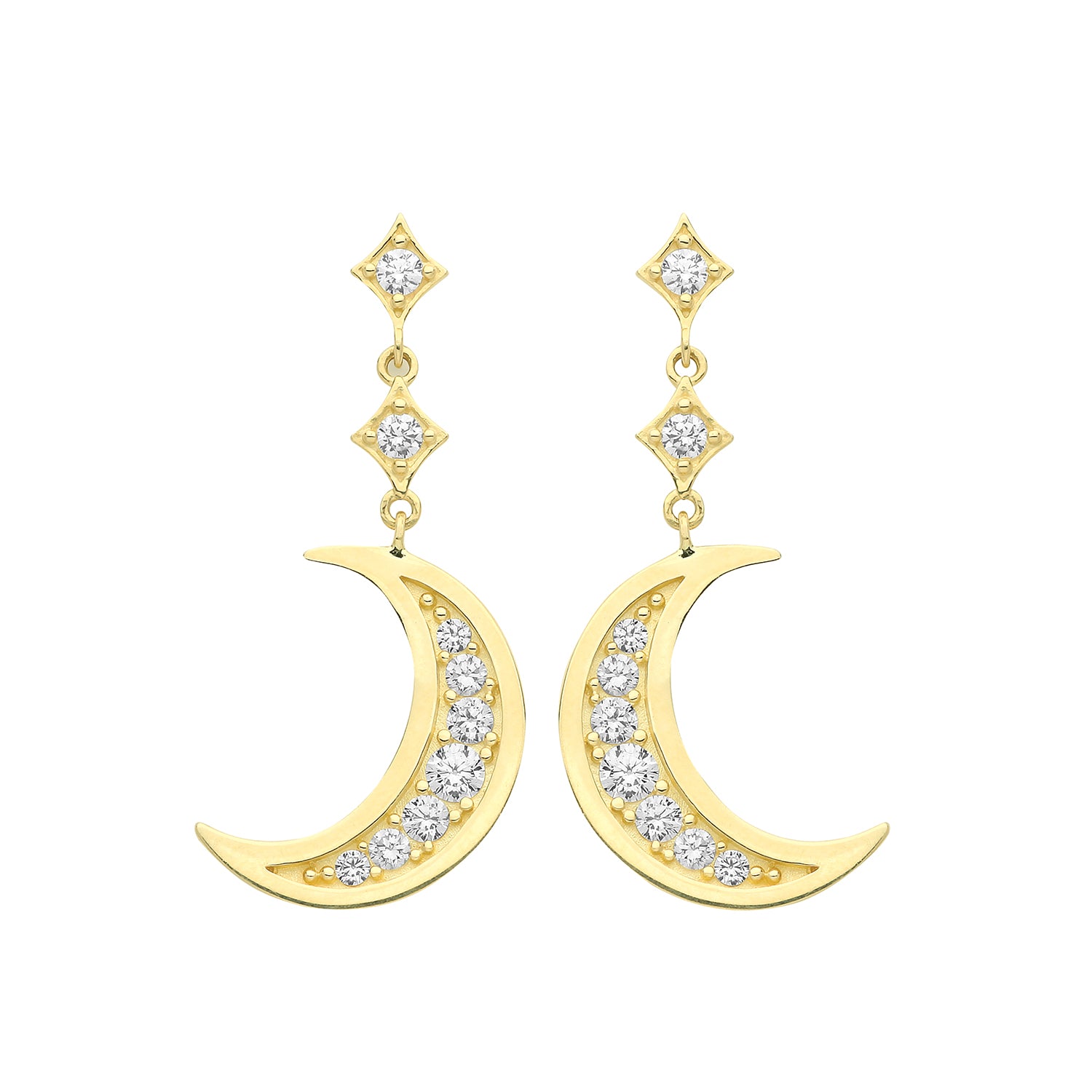 9CT YEL GOLD CZ SET MOON DROP EARRINGS