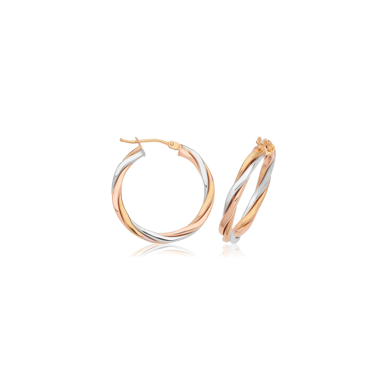 9CT YEL/W/R GOLD 15MM HOOP EARRINGS