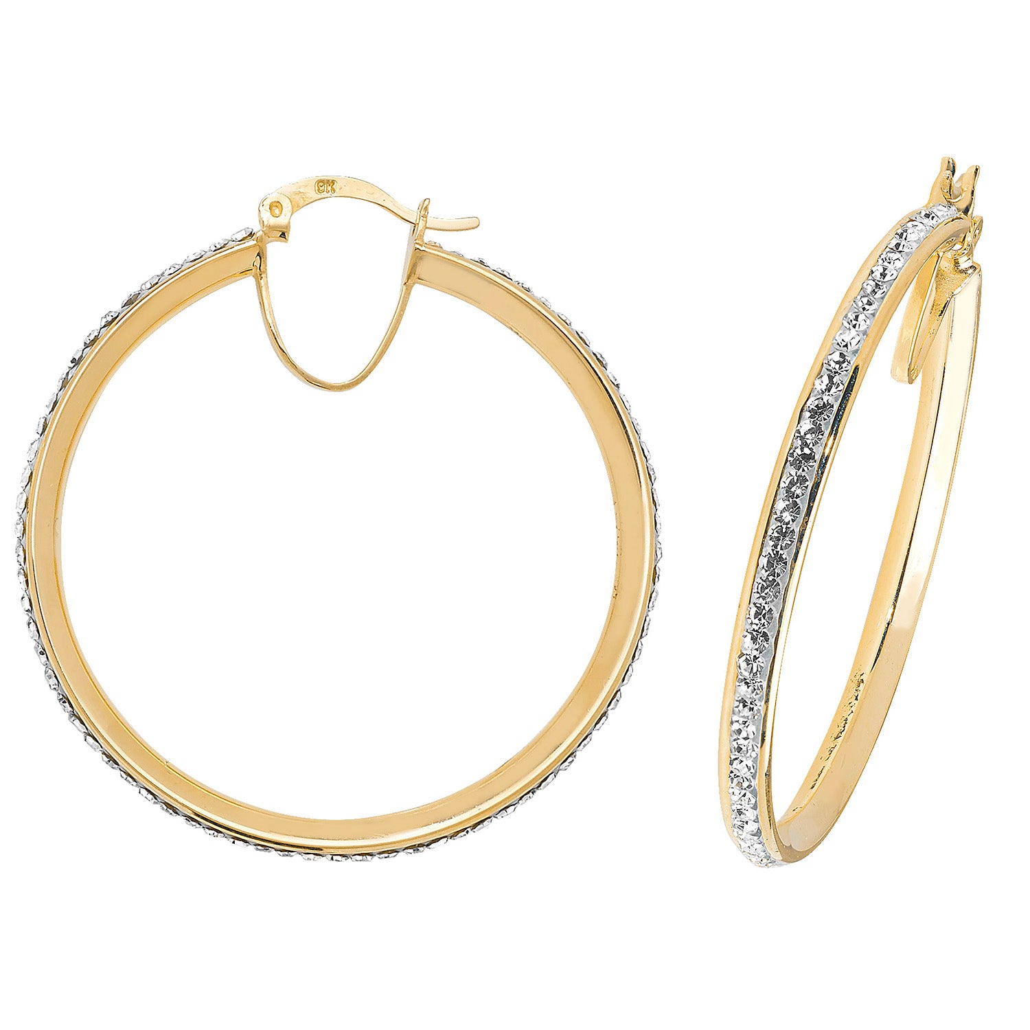 9CT YEL GOLD 30MM CRYSTAL HOOP EARRINGS