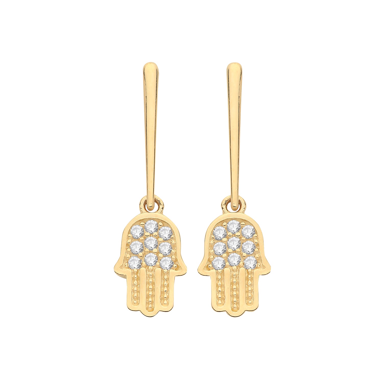 9CT YEL GOLD CZ HAMSA DROP EARRINGS