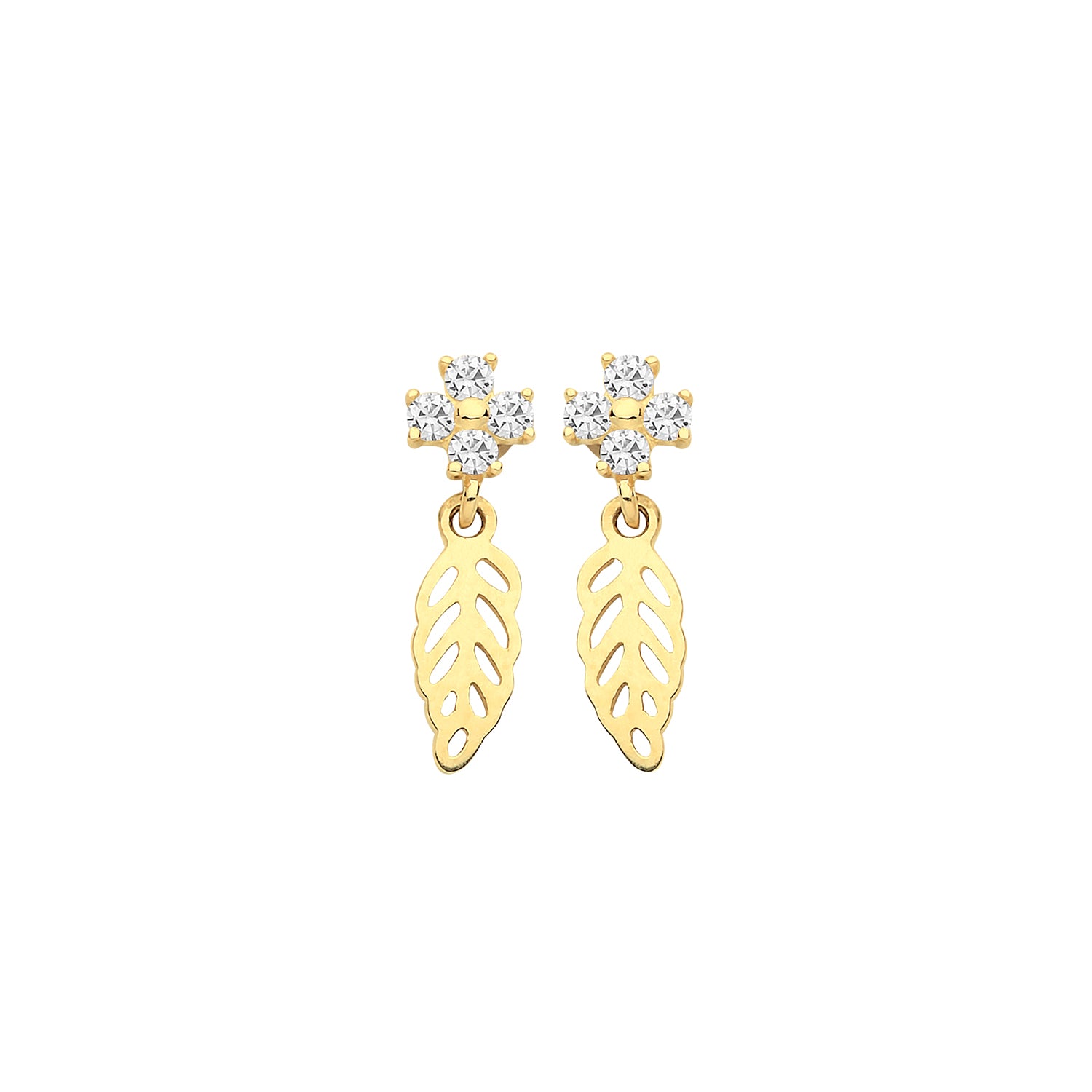 9CT YEL GOLD CZ FLOWER&LEAF DROP EARRINGS