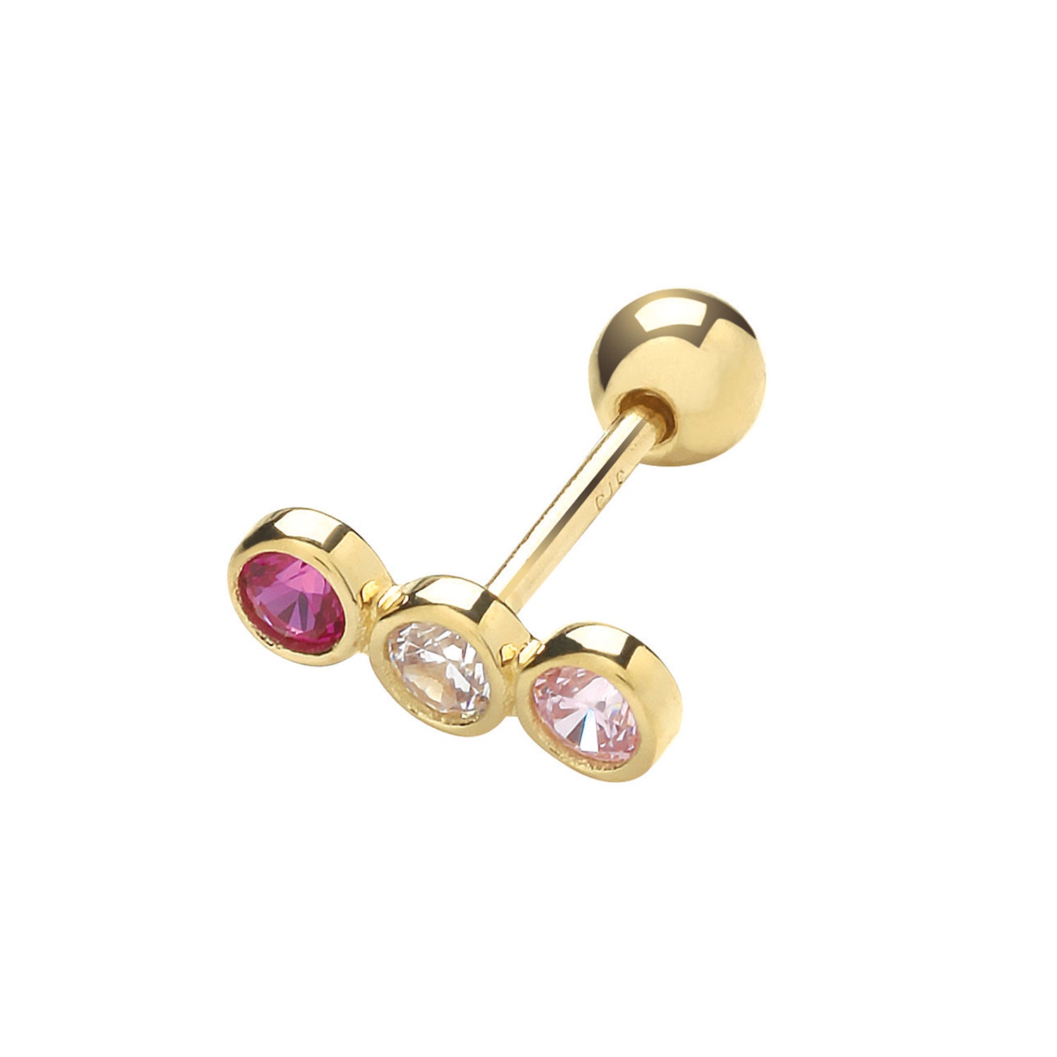 9CT YEL GOLD  CZ 3 STONES CARTILAGE 6MM POST STUD