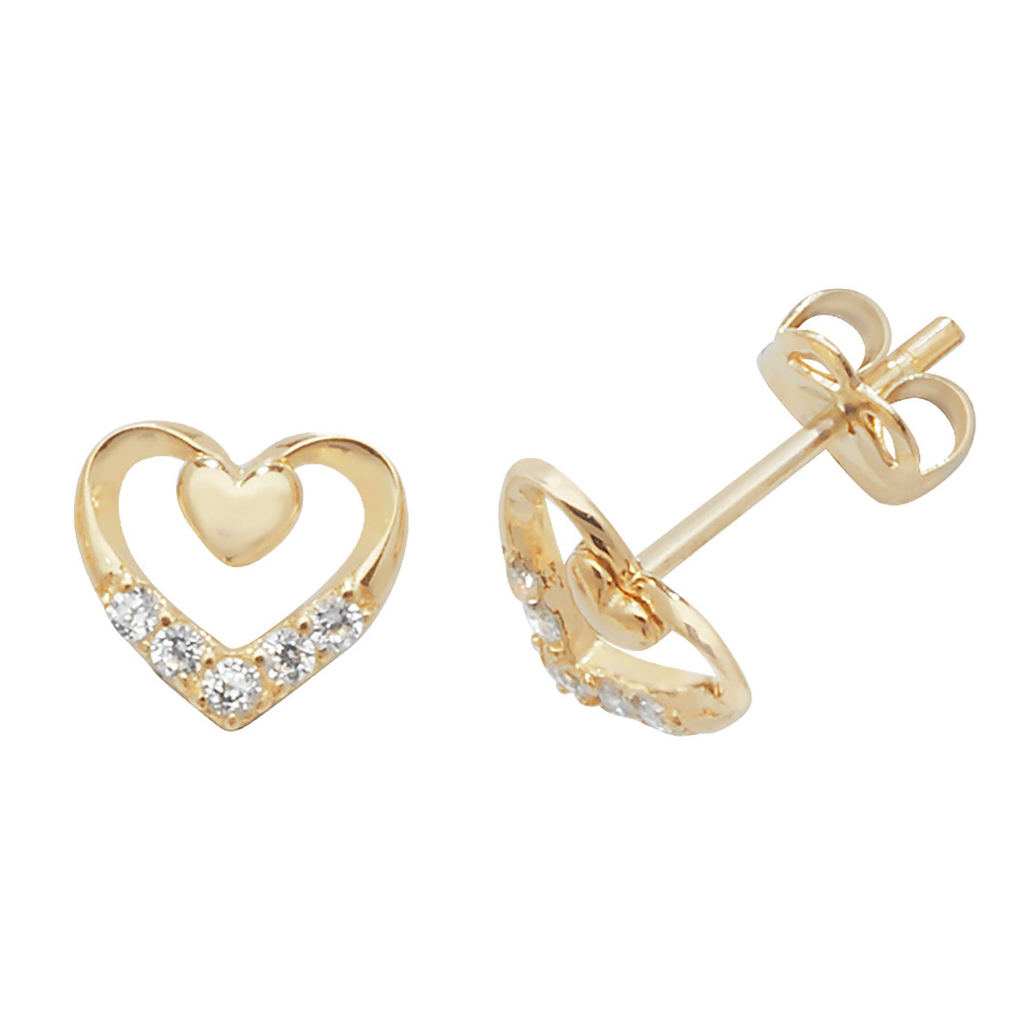 9CT YEL GOLD CZ DOUBLE HEART STUD EARRINGS