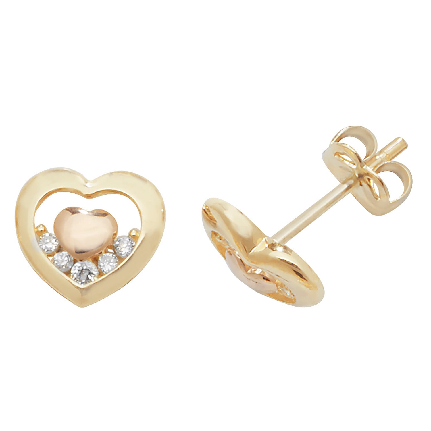 9CT YEL/ROSE GOLD CZ DOUBLE HEART STUD EARRINGS