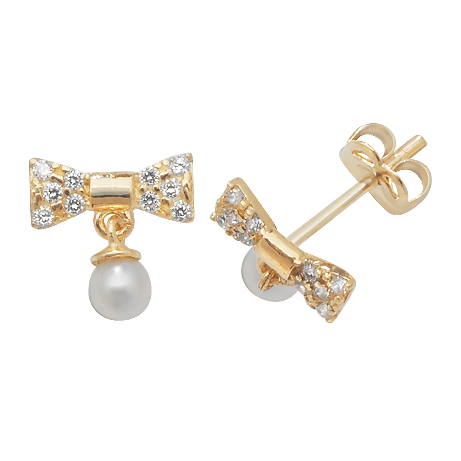 9CT YEL GOLD  CZ BOW WITH DANGLE PEARL STUD EARRINGS