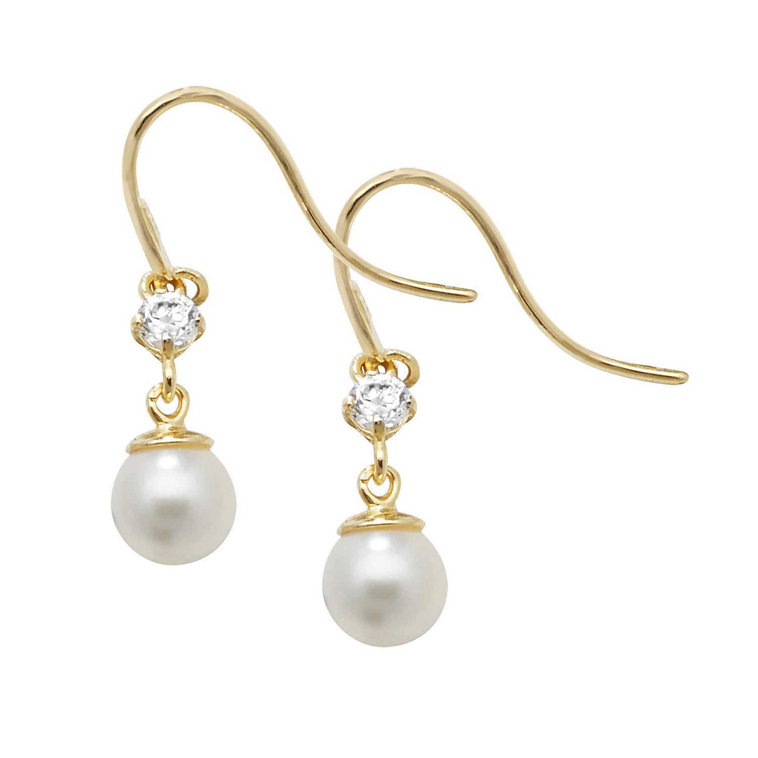 9CT YEL GOLD PEARL CZ FISH HOOK DROP EARRINGS