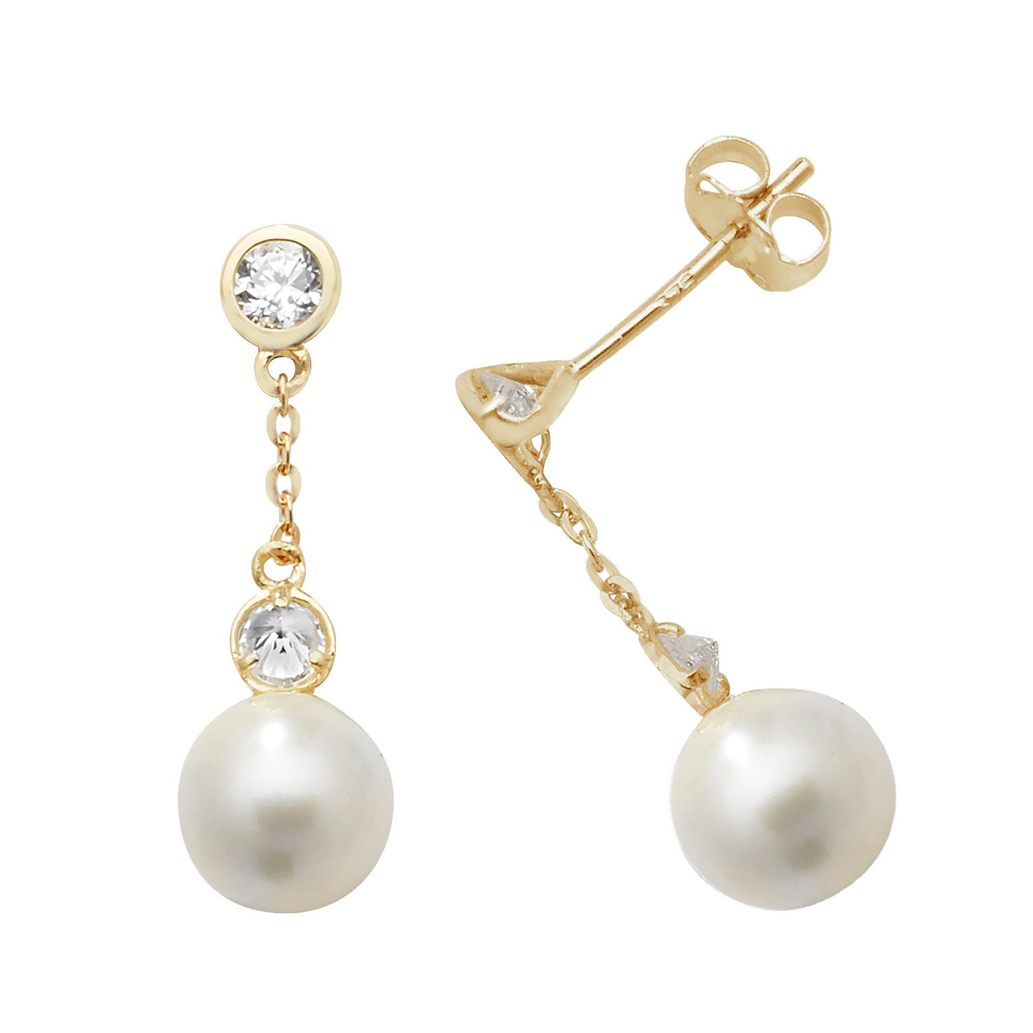 9CT YEL GOLD PEARL CZ DROP EARRINGS