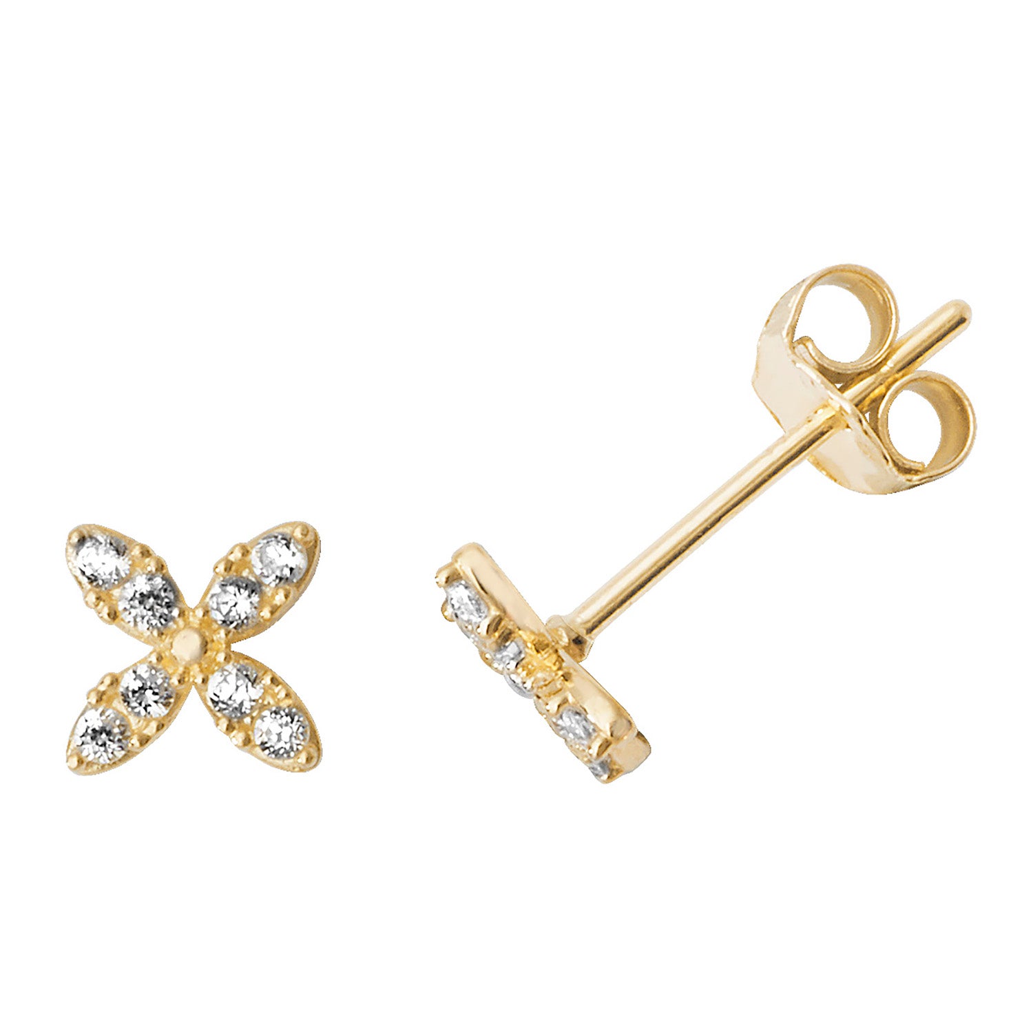 9CT YEL GOLD CZ FOUR-PETAL FLOWER STUD EARRINGS