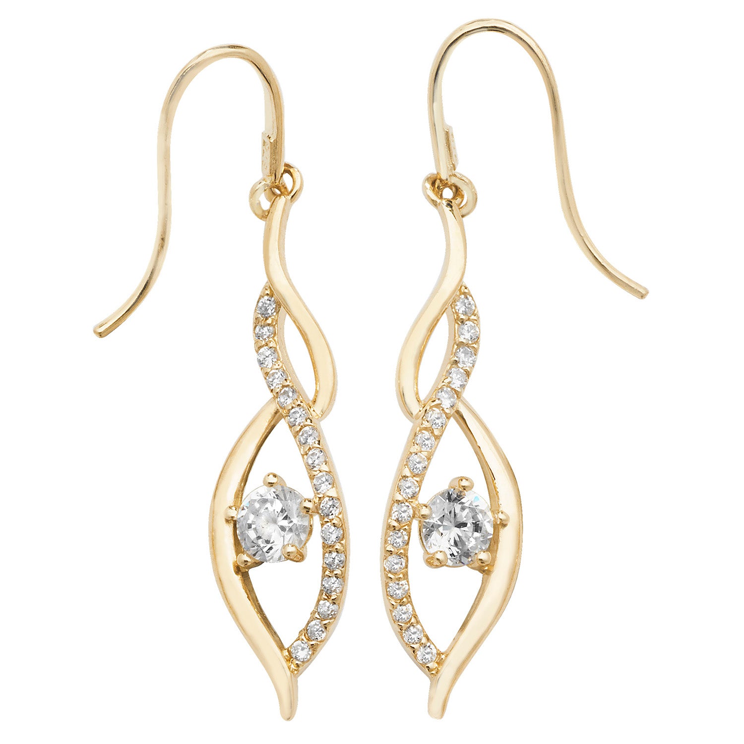 9CT YEL GOLD CZ FISH HOOK DROP EARRINGS