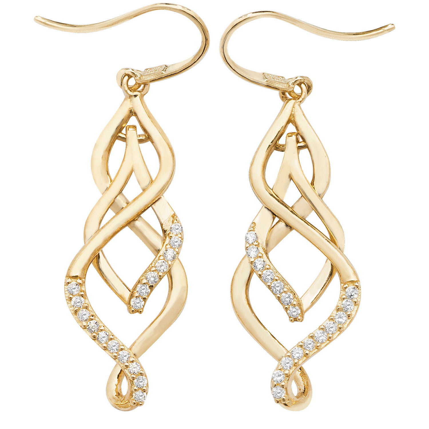 9CT YEL GOLD CZ FISH HOOK DROP EARRINGS