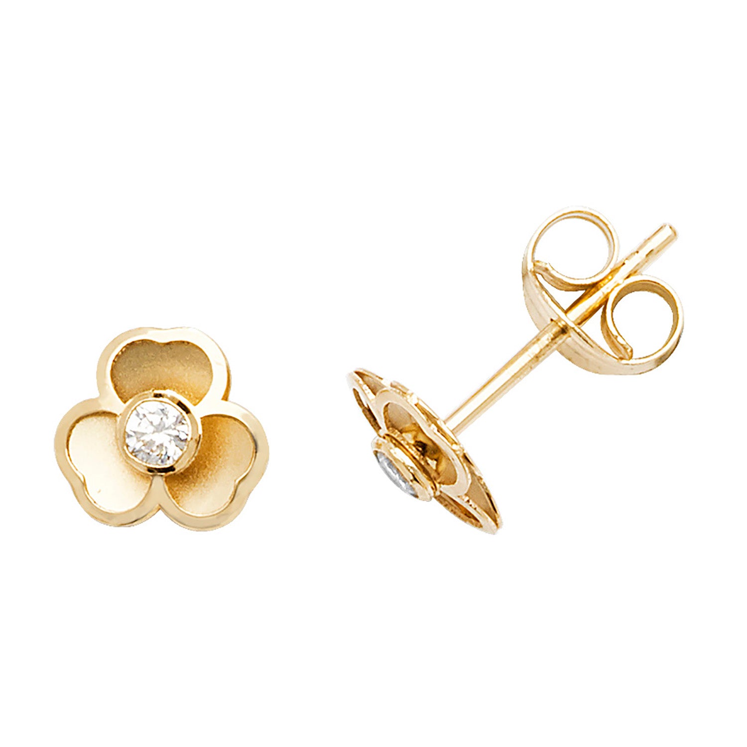 9CT YEL GOLD 3-PETAL FLOWER WITH SINGLE CZ STUD EARRINGS