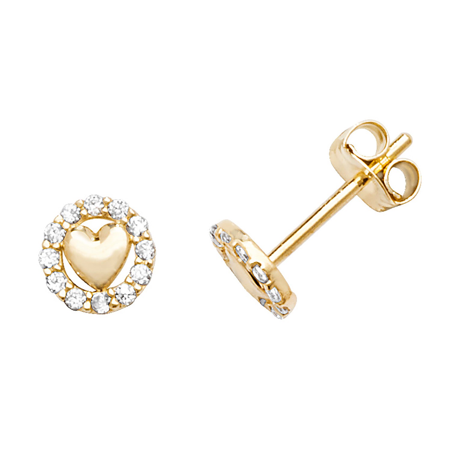 9CT YEL GOLD HEART&CZ CIRCLE STUD EARRINGS