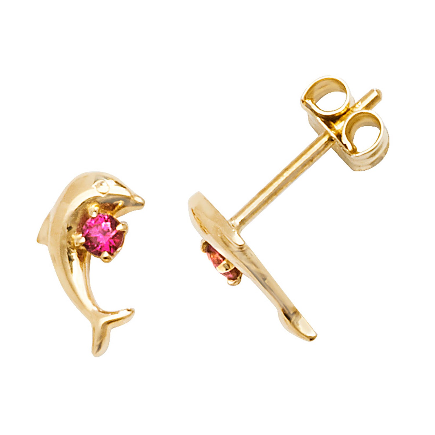 9CT YEL GOLD PINK CZ DOLPHIN STUD EARRINGS