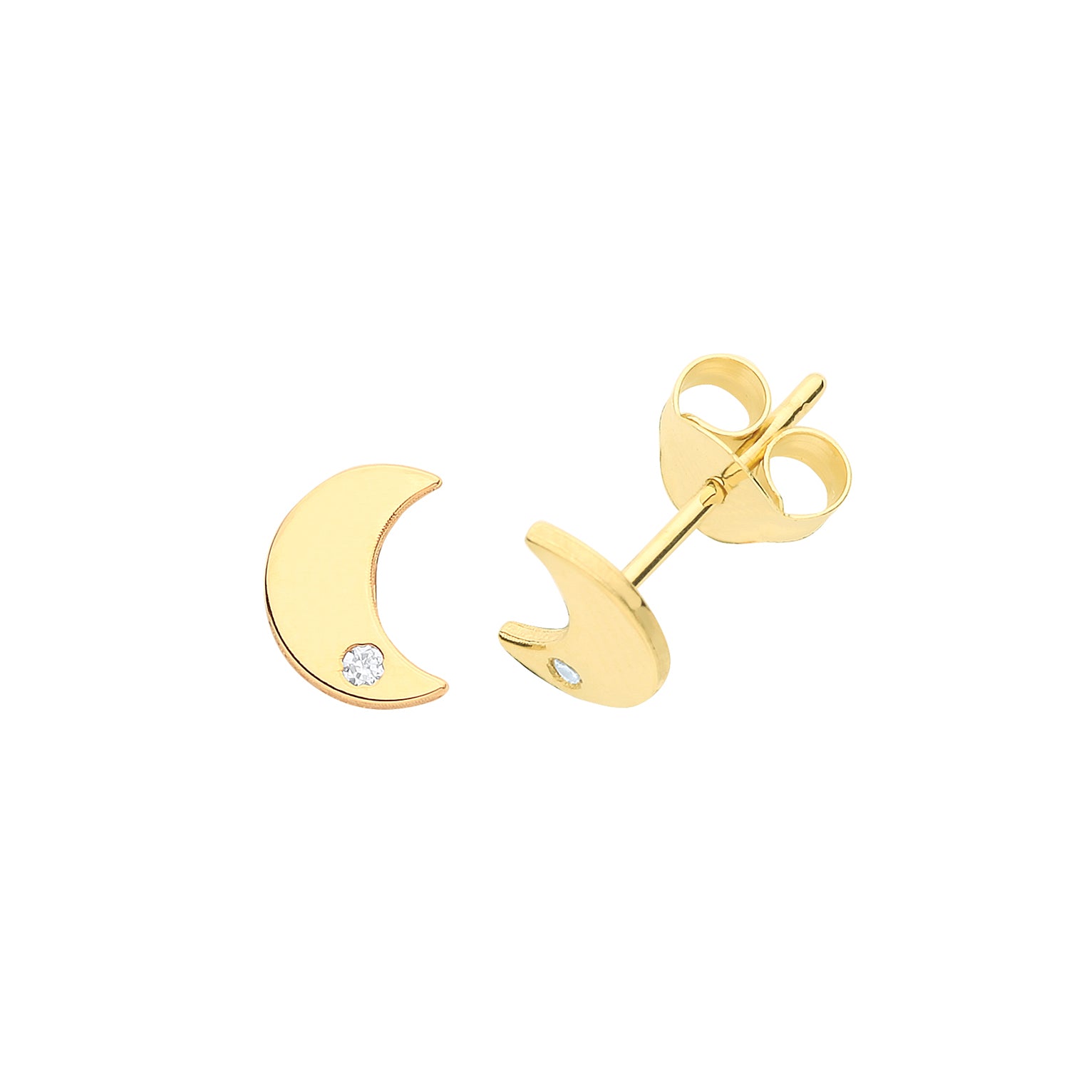 9CT YEL GOLD MOON WITH SINGLE CZ STUD EARRINGS