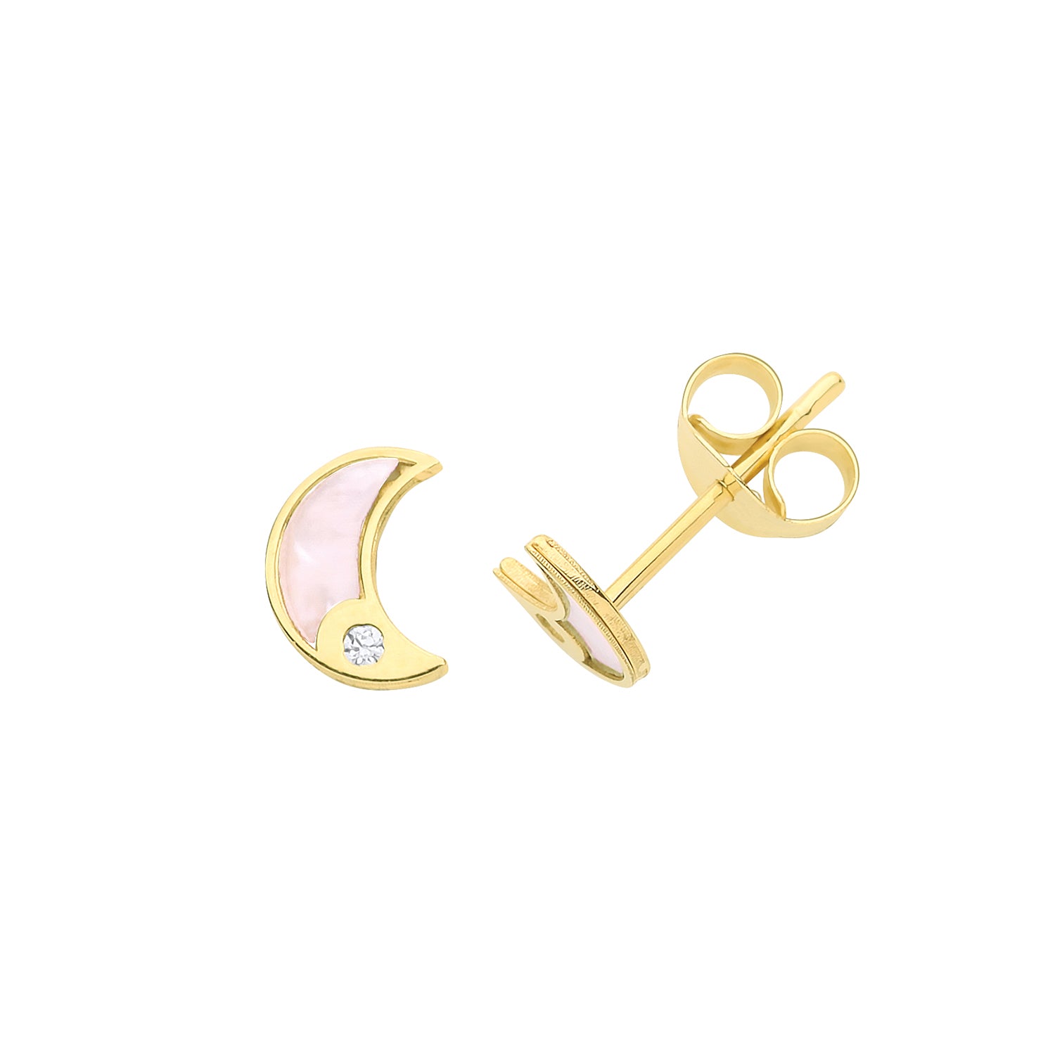 9CT YEL GOLD CZ&MOTHER OF PEARL MOON STUD EARRINGS