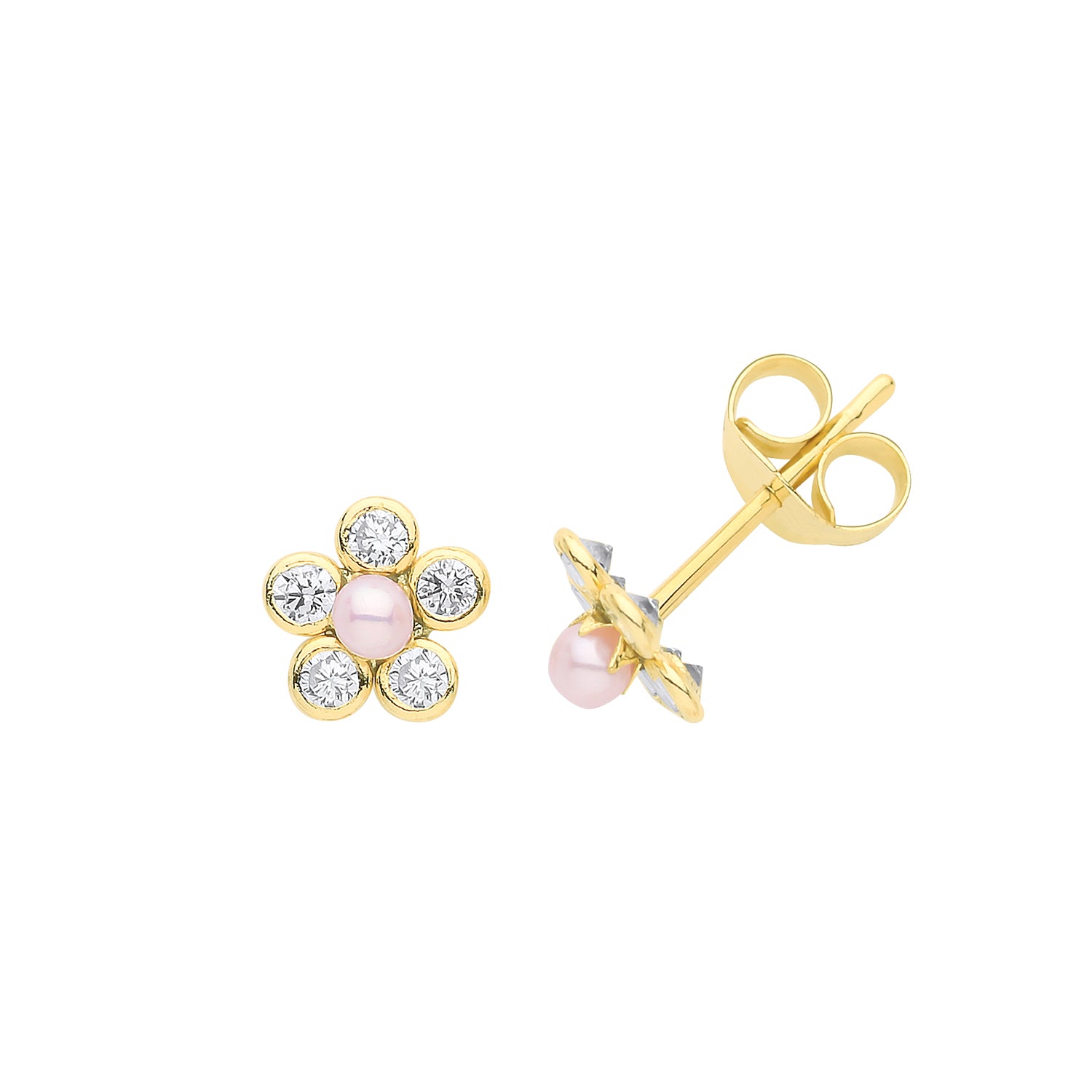 9CT YEL GOLD PEARL&CZ FLOWER  STUD EARRINGS