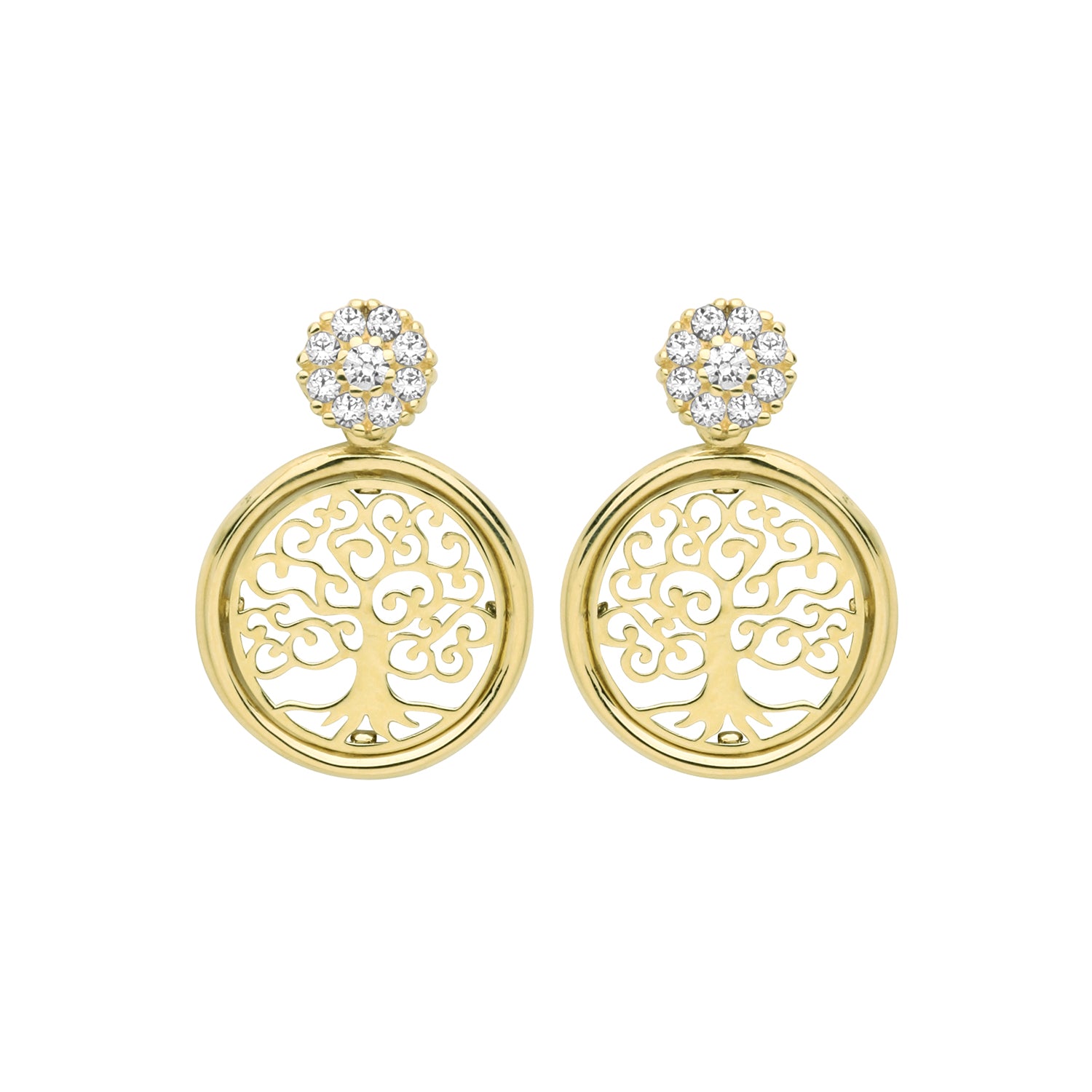 9CT YEL GOLD TREE OF LIFE CZ DROP EARRINGS