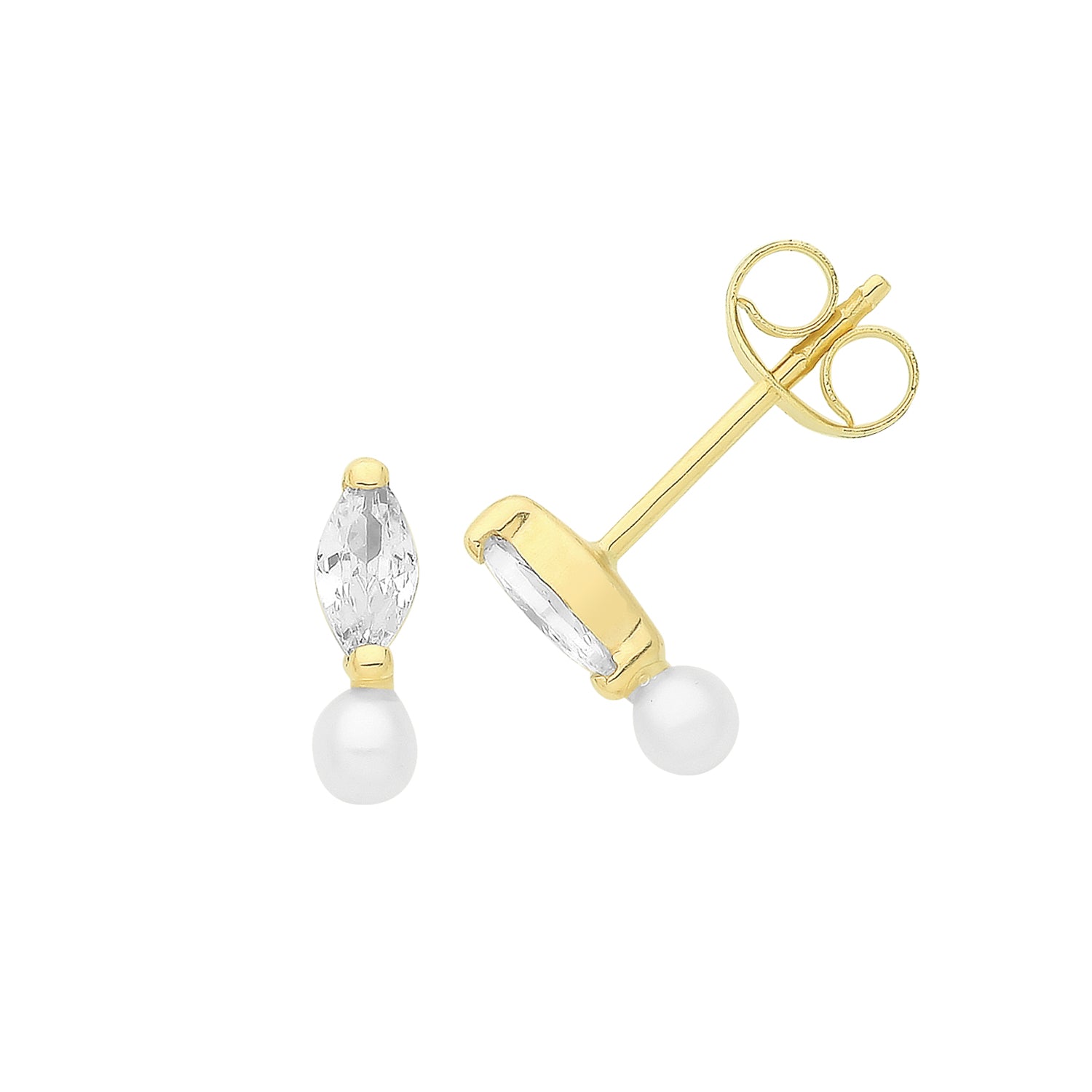 9CT YEL GOLD MARQUISE CZ AND PEARL STUDS