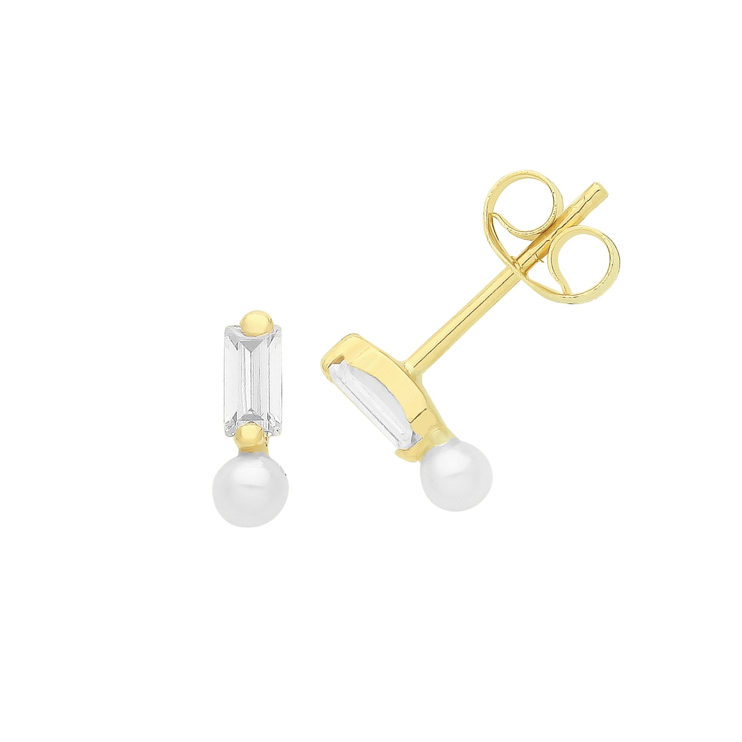 9CT YEL GOLD BAGUETTE CZ AND PEARL STUDS