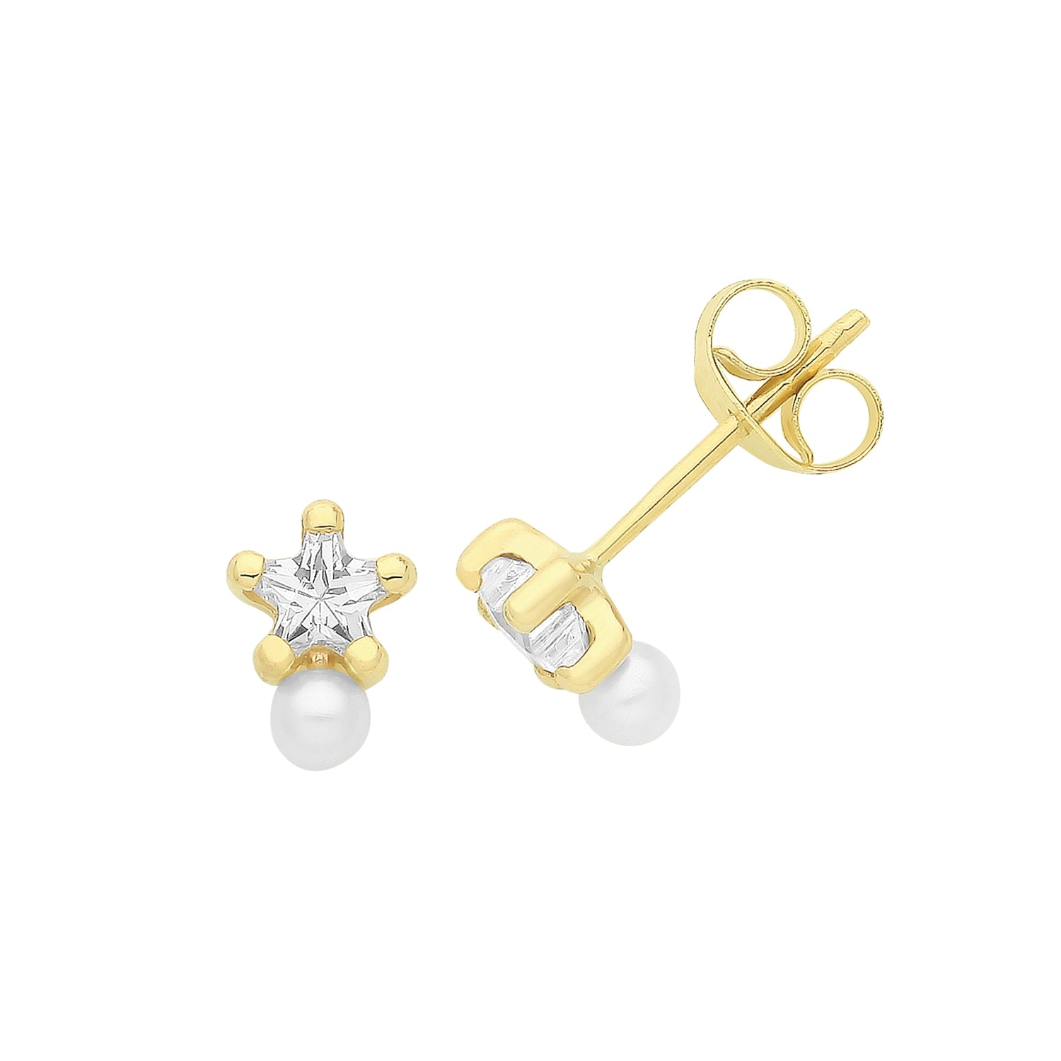 9CT YEL GOLD STAR CZ AND PEARL STUDS