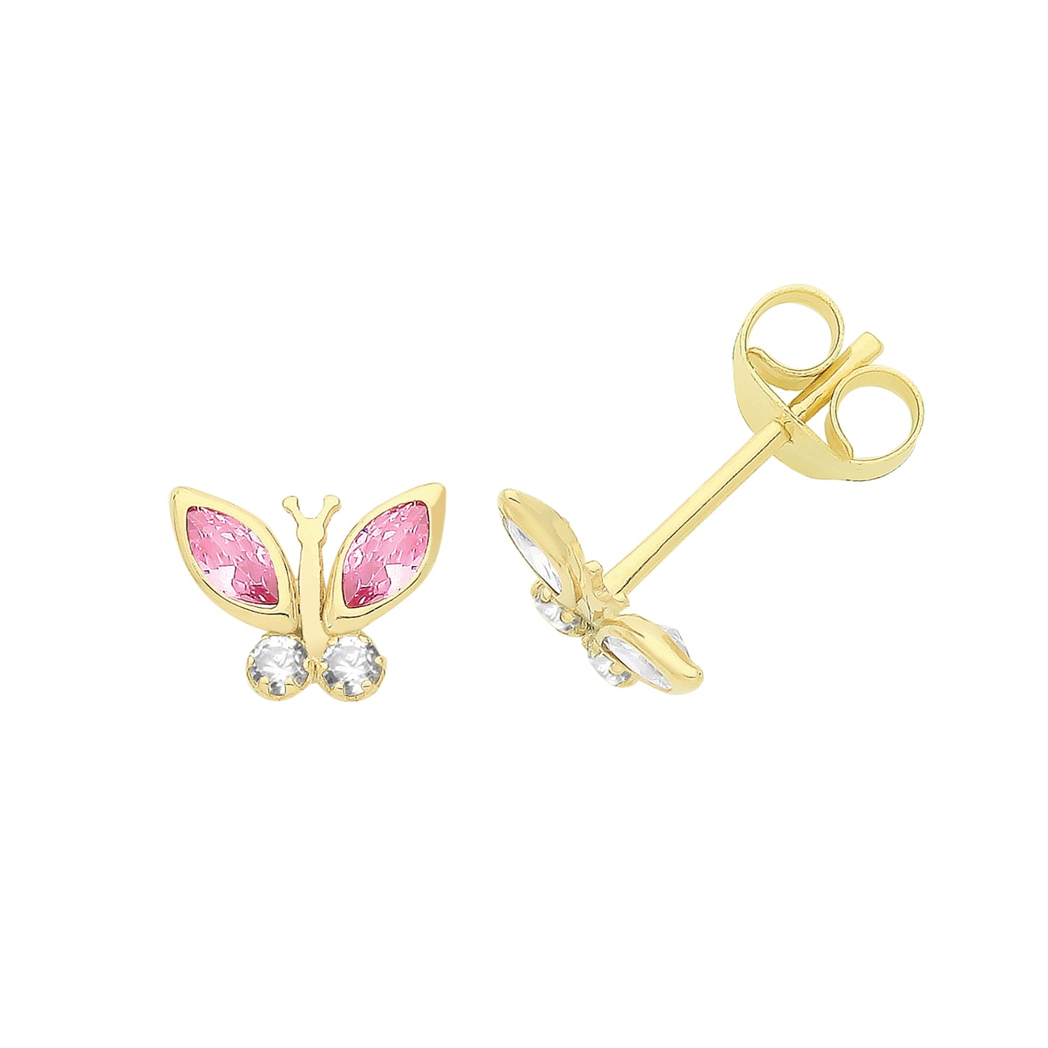 9CT YEL GOLD PINK AND CLEAR CZ BUTTERFLY STUDS