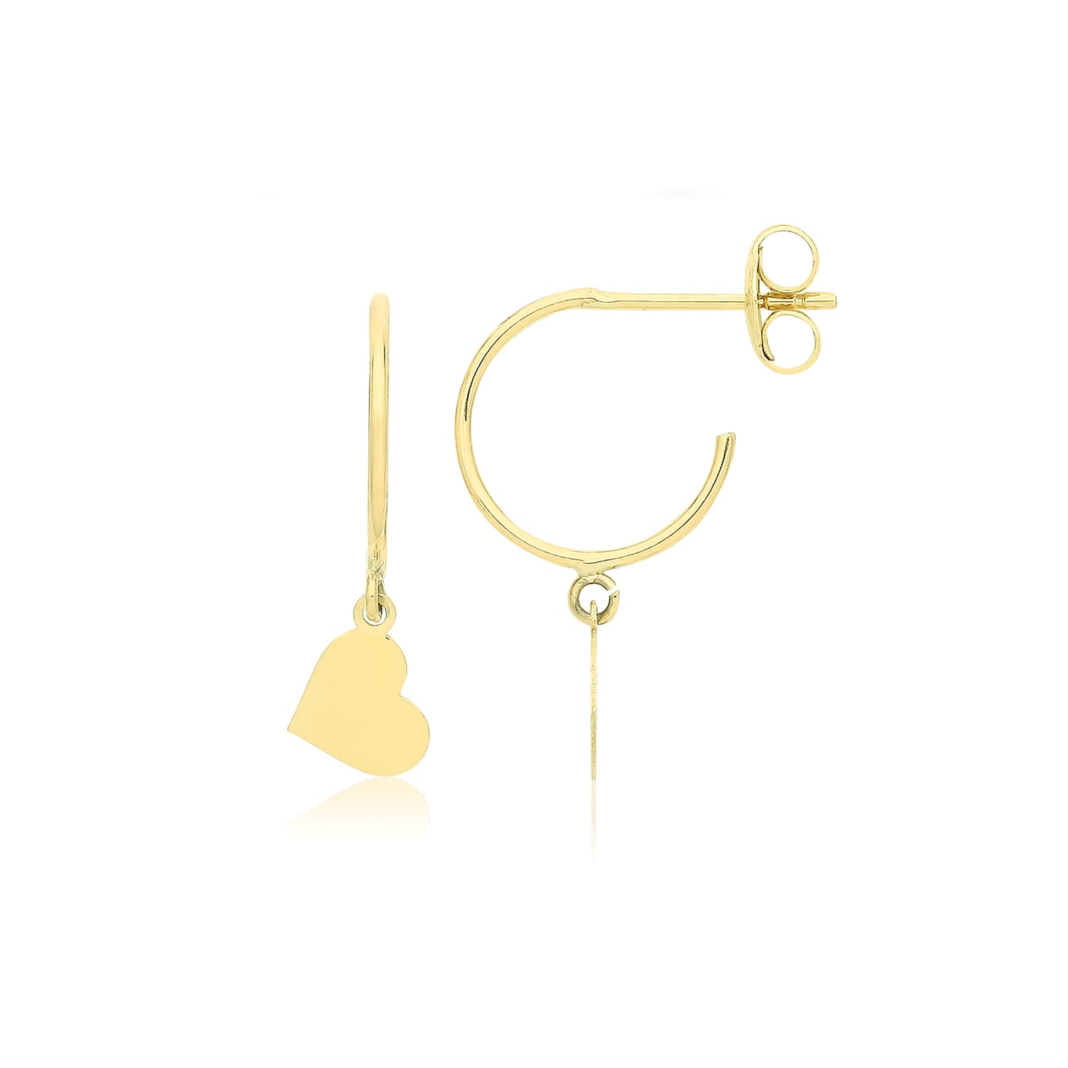 9CT YEL GOLD HALF HOOP STUDS WITH HANGING HEART