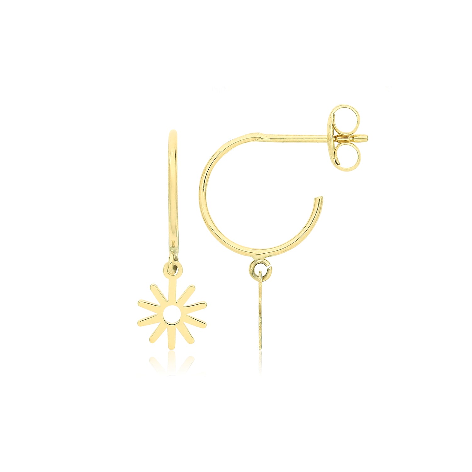 9CT YEL GOLD HALF HOOP STUDS WITH HANGING FLOWER