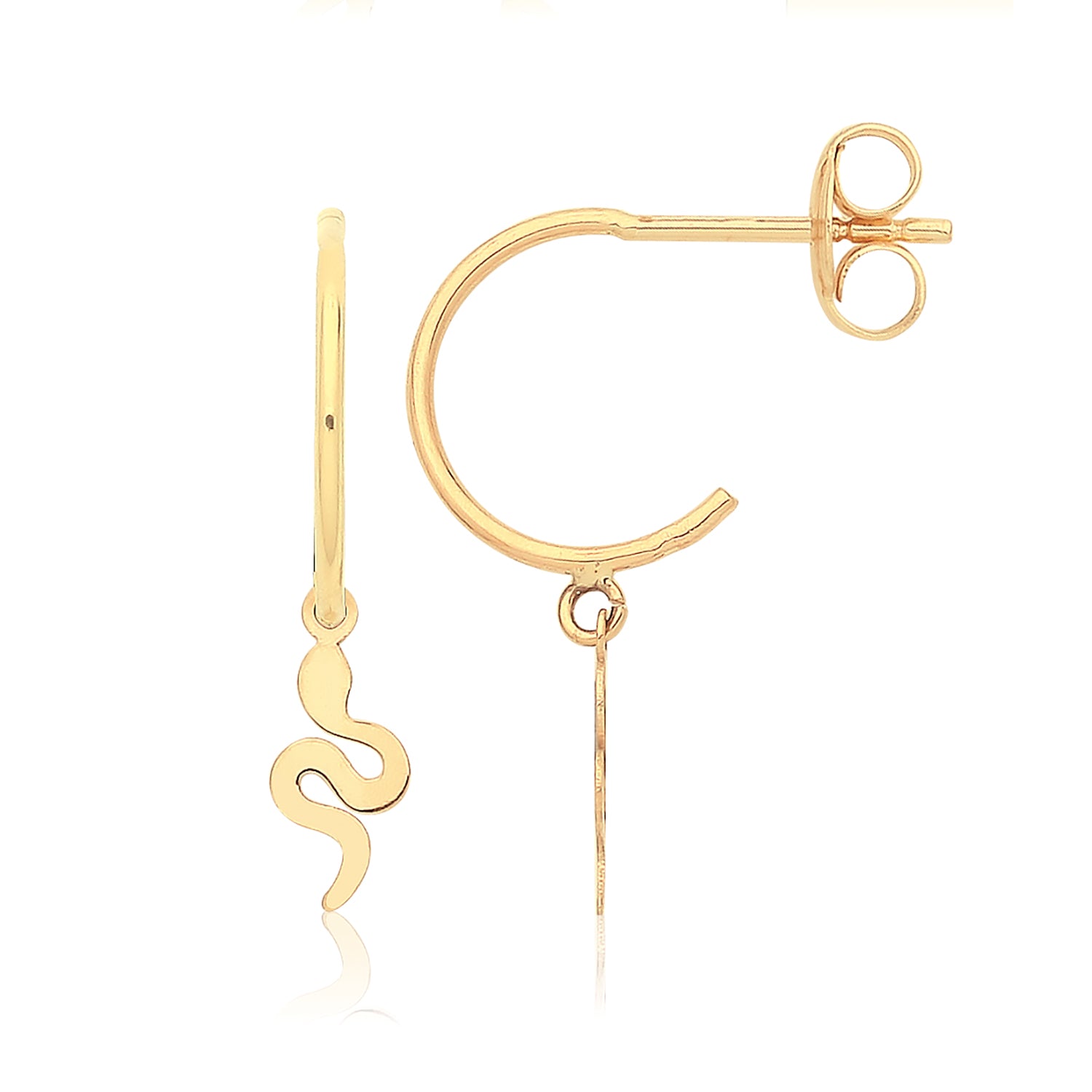 9CT YEL GOLD HALF HOOP STUDS WITH HANGING SNAKE