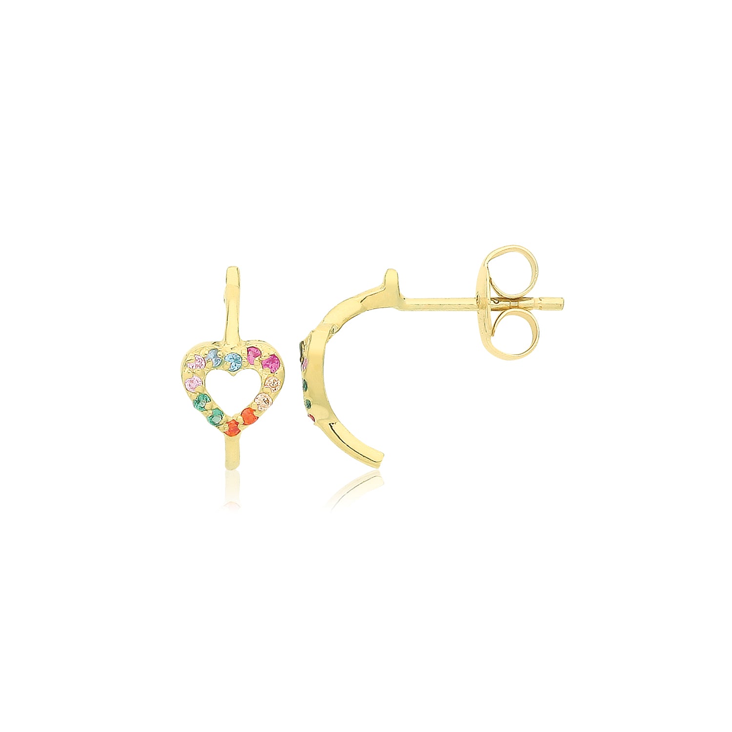 9CT YEL GOLD MULTICOLOURED HEART HALF HOOP STUDS