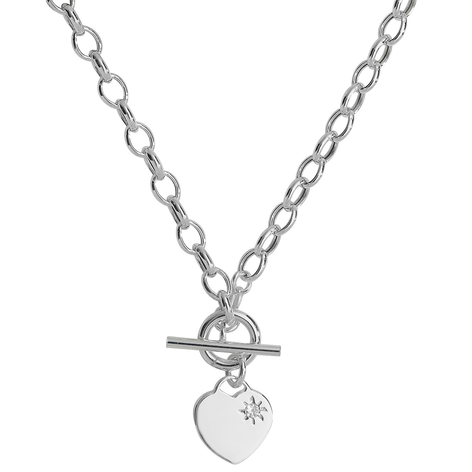 SILVER CZ T-BAR HEART CHARM NECKLET