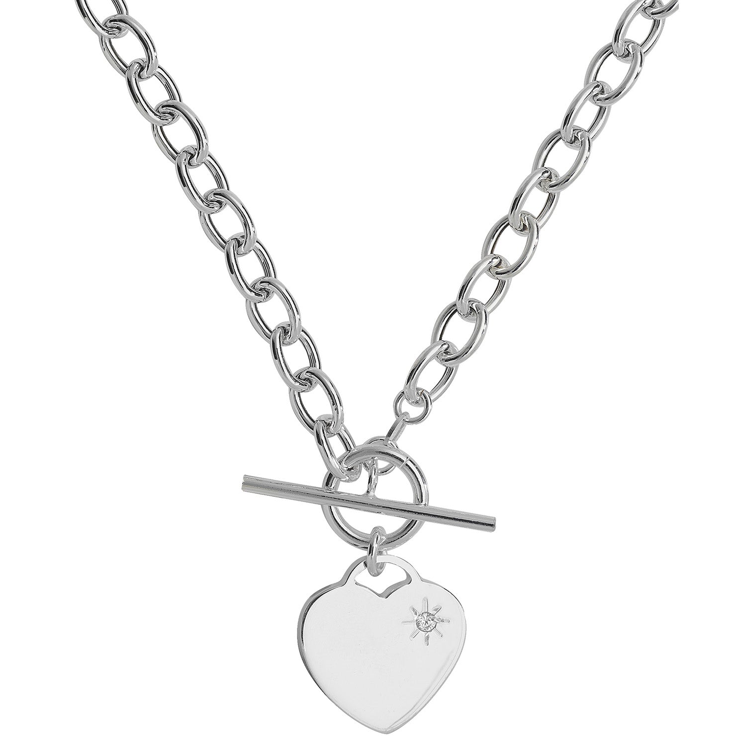 SILVER CZ T-BAR HEART CHARM NECKLET