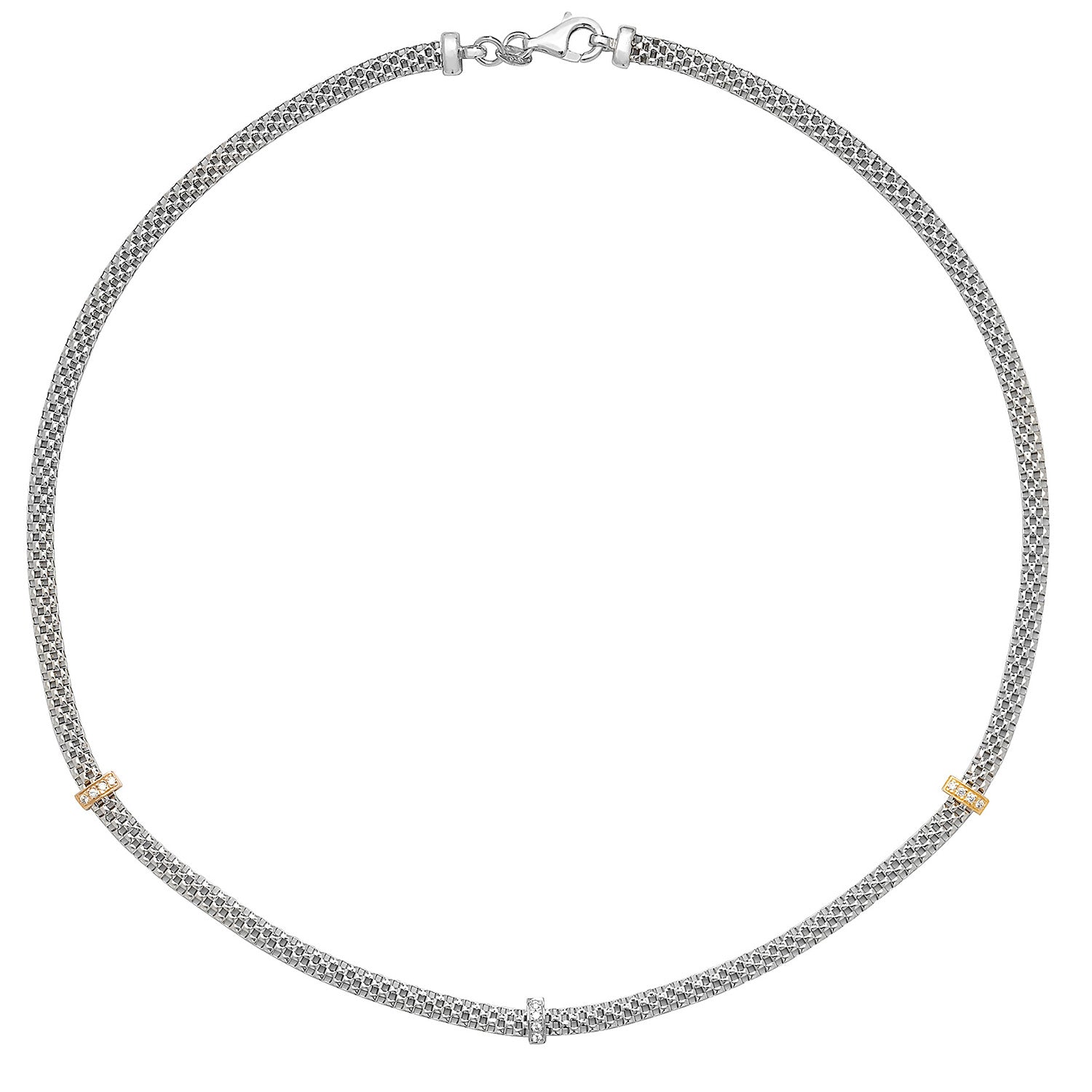 SILVER RHODIUM PLATED TRIPLE CZ SET 2 TONE CIRCLE MESH NECKLET