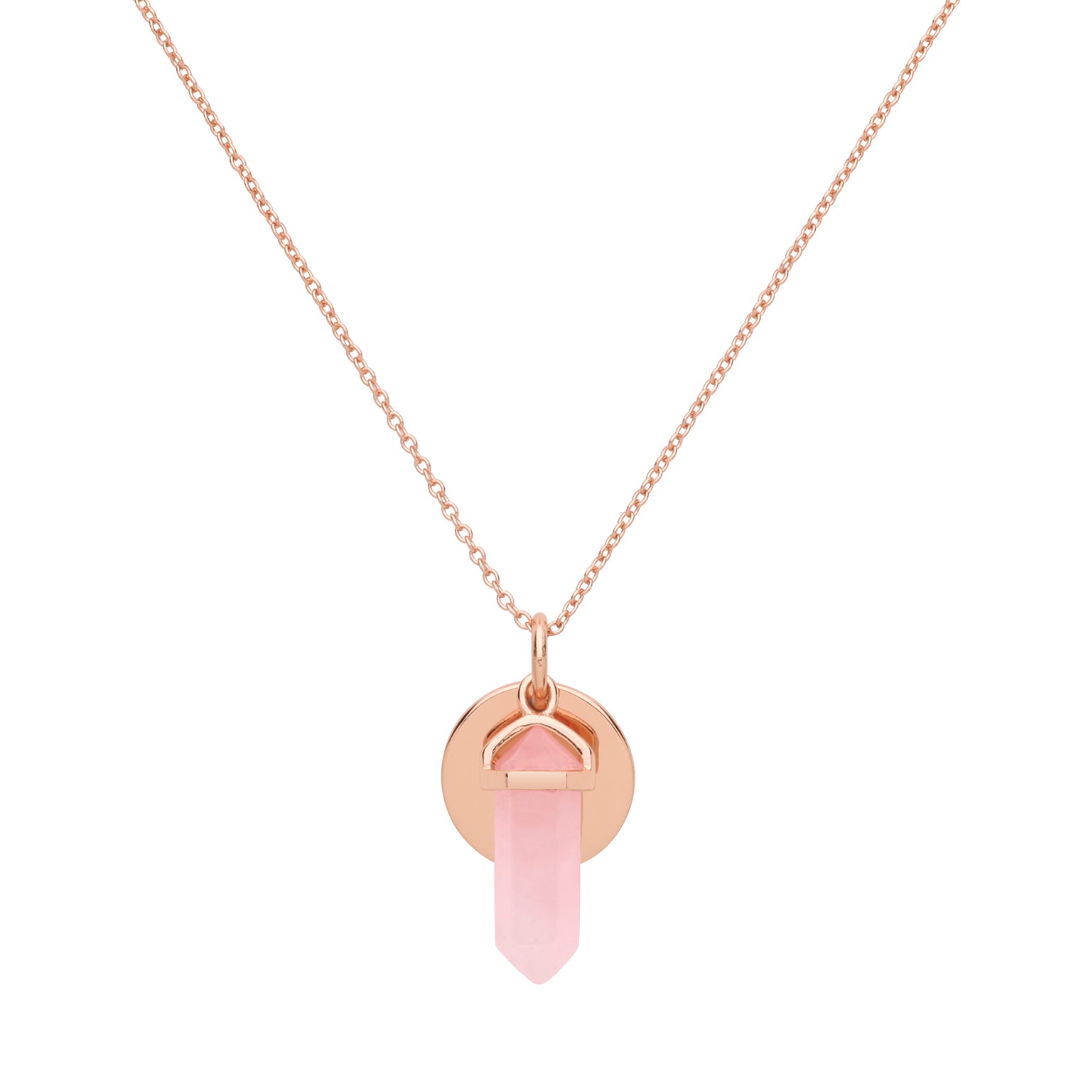 SILVER ROSE GOLD PLATED DISC AND PINK QUARTZ NECKLET