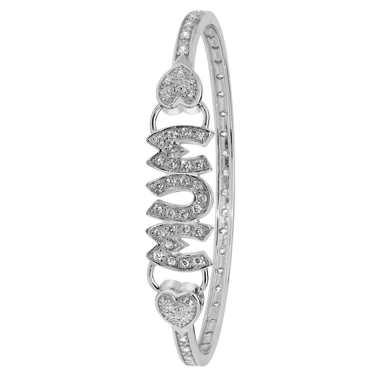 SILVER CZ MUM AND HEART HINGED OVAL BANGLE