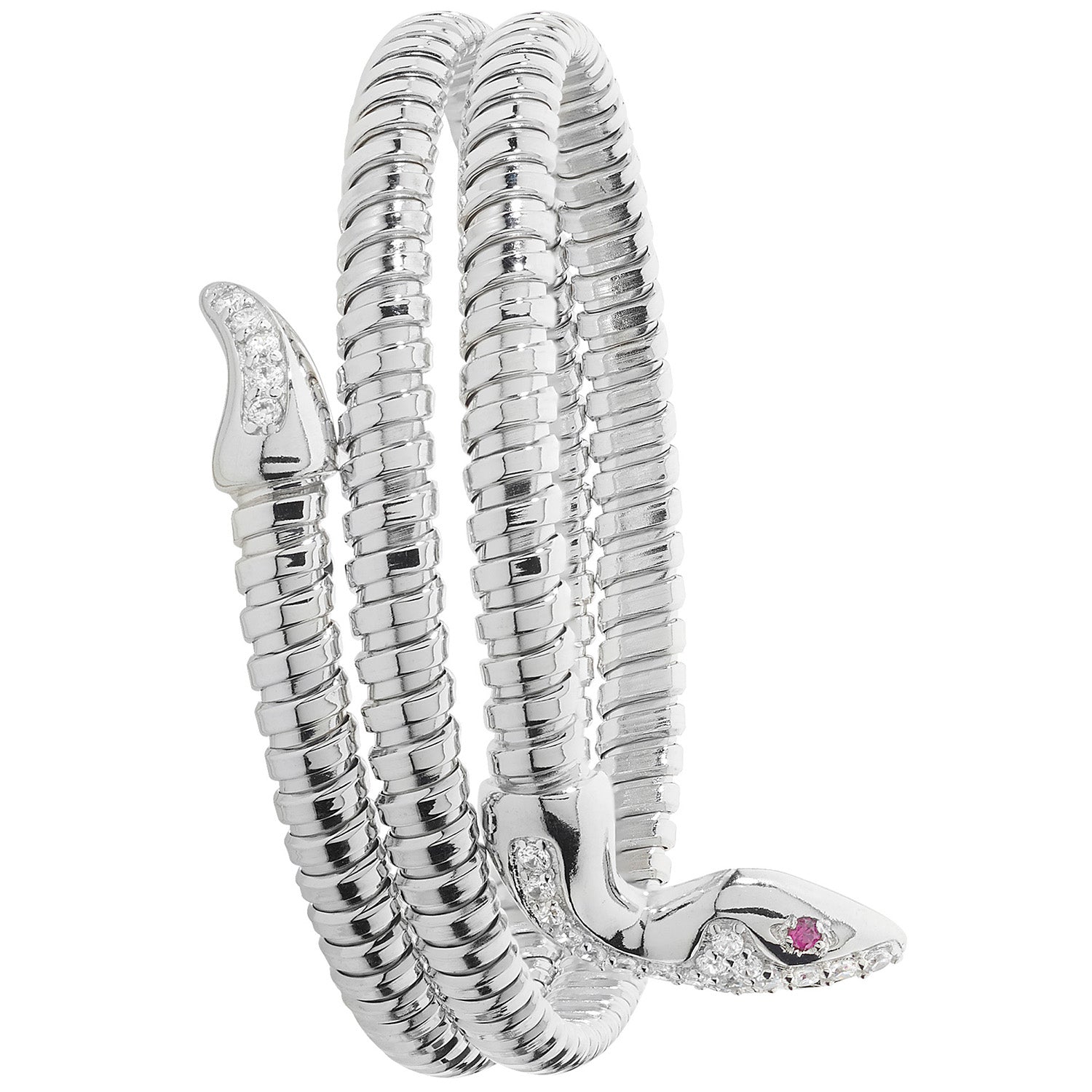 SILVER RHODIUM PLATED RED EYES CZ SNAKE BANGLE