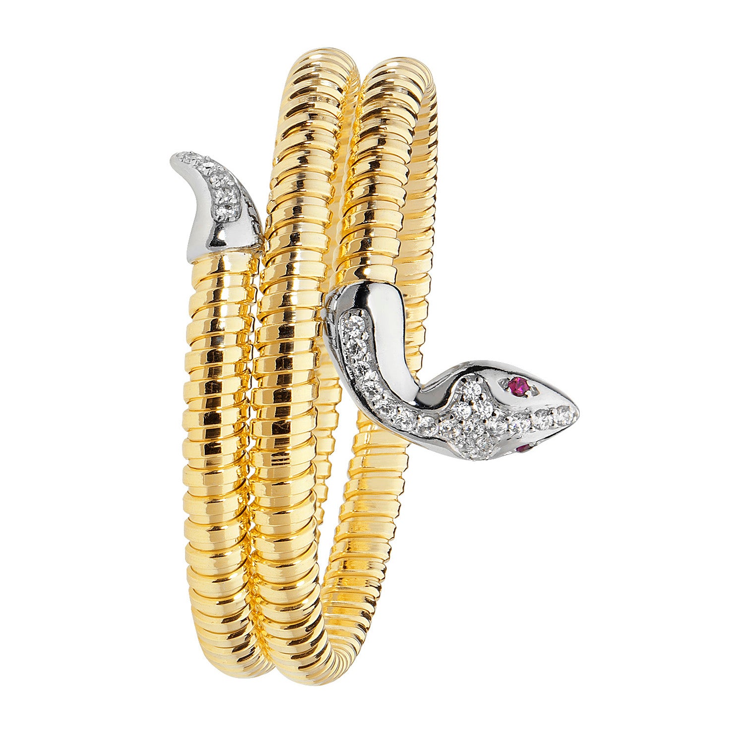 SILVER YELLOW GOLD PLATED RED EYES CZ SNAKE BANGLE