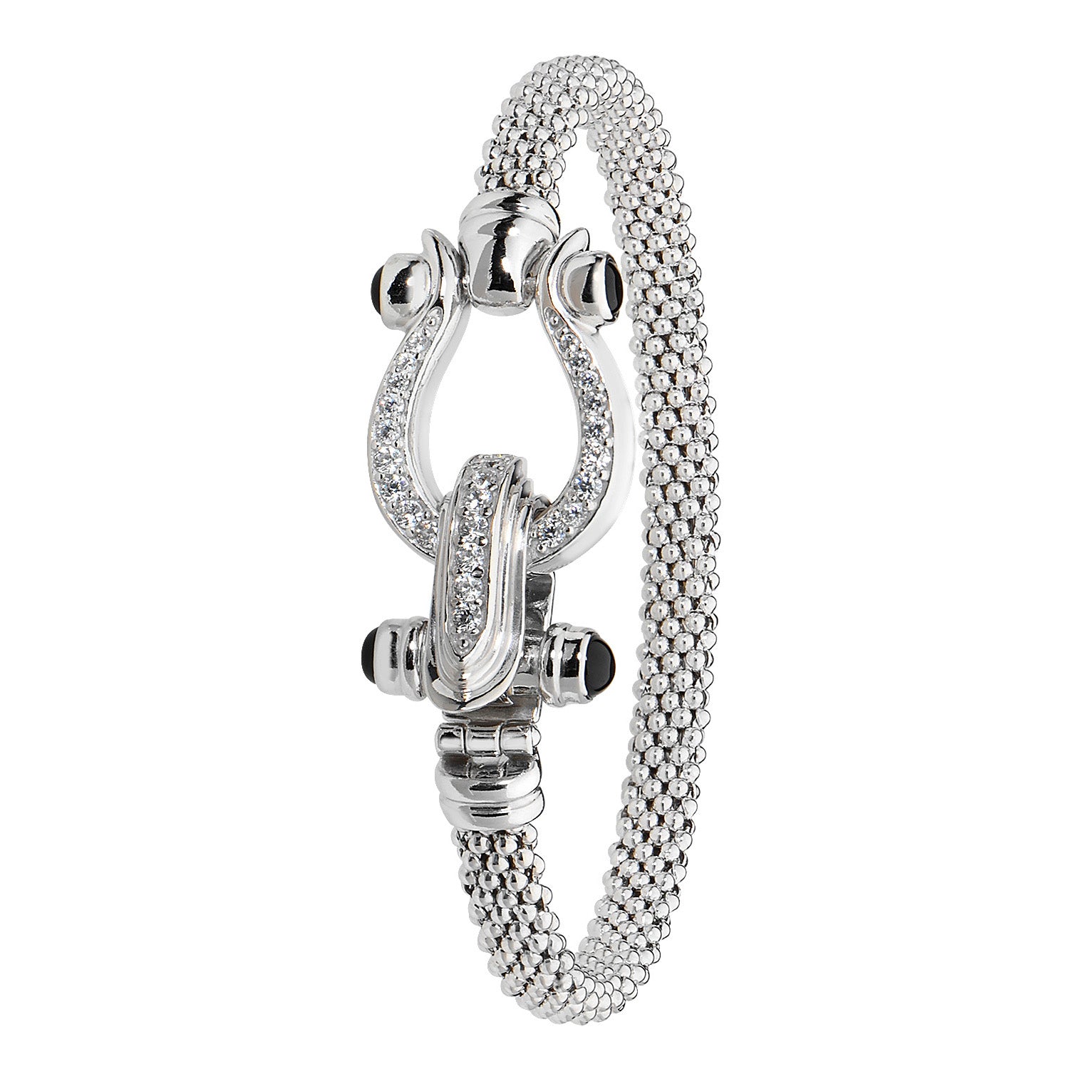 SILVER CZ HORSESHOE CLASP MESH BANGLE