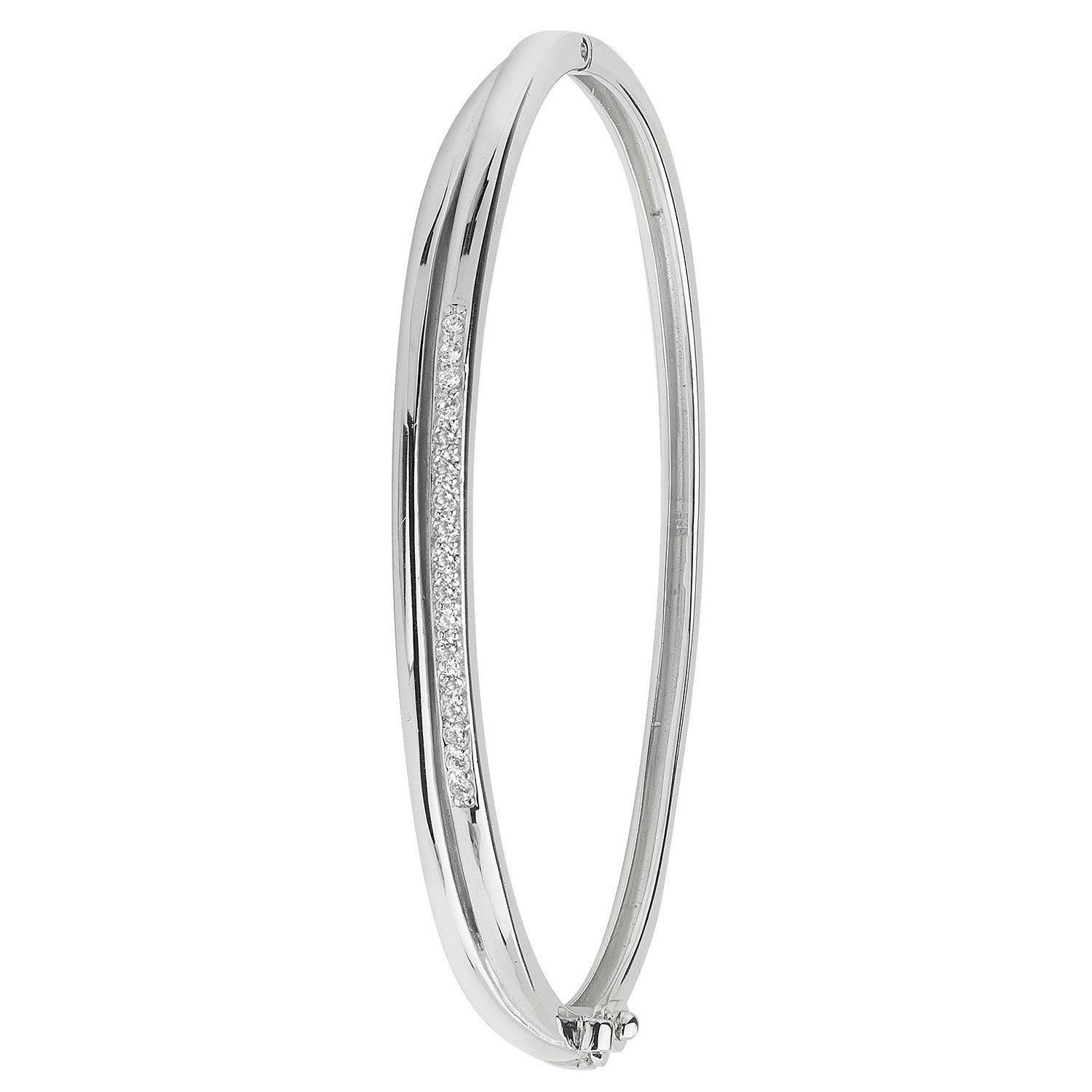 SILVER CZ HINGED CROSSOVER OVAL BANGLE