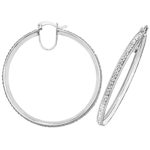 SILVER 40MM CRYSTAL HOOP EARRINGS